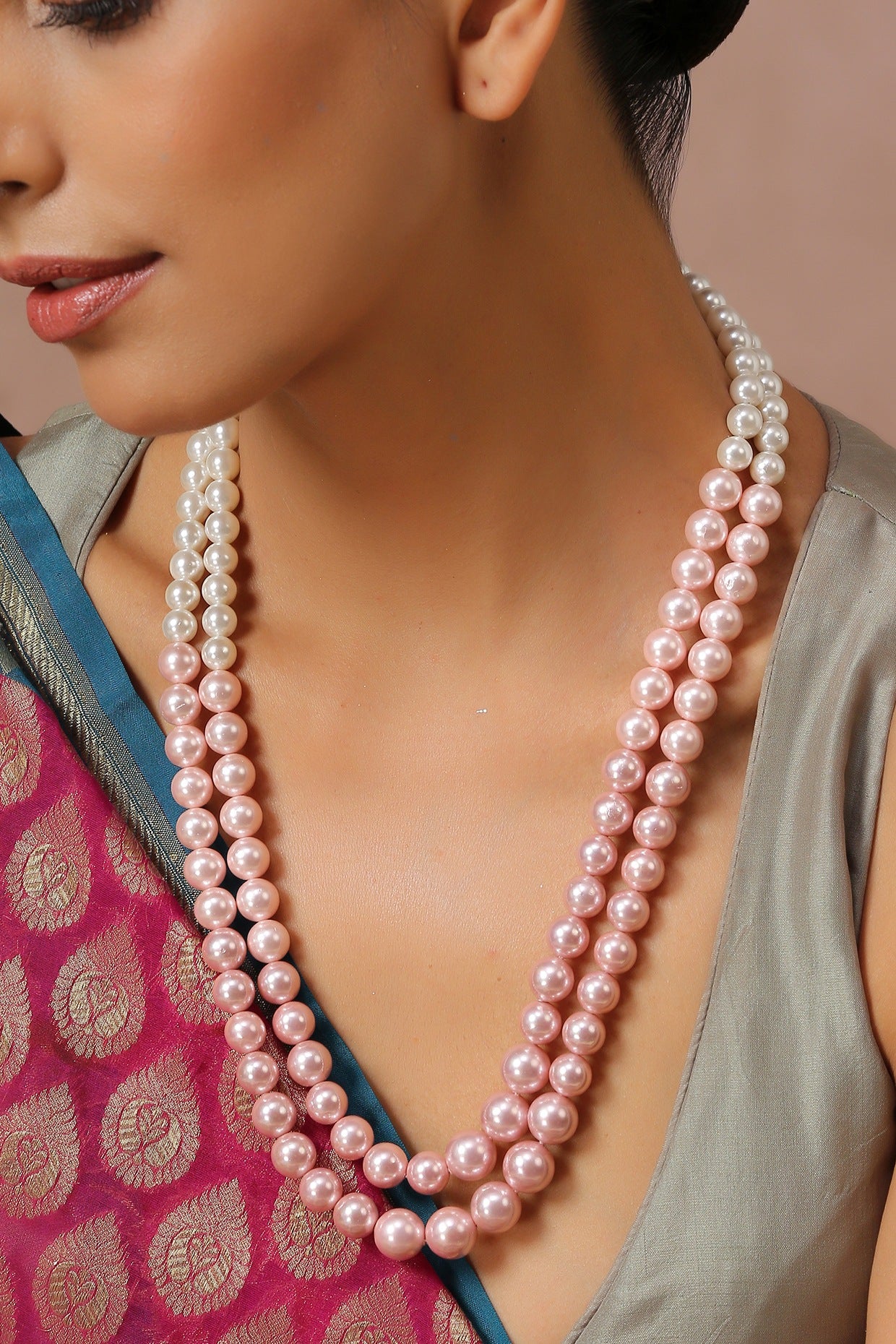 Silver Finish Bead & Pearl Long Necklace