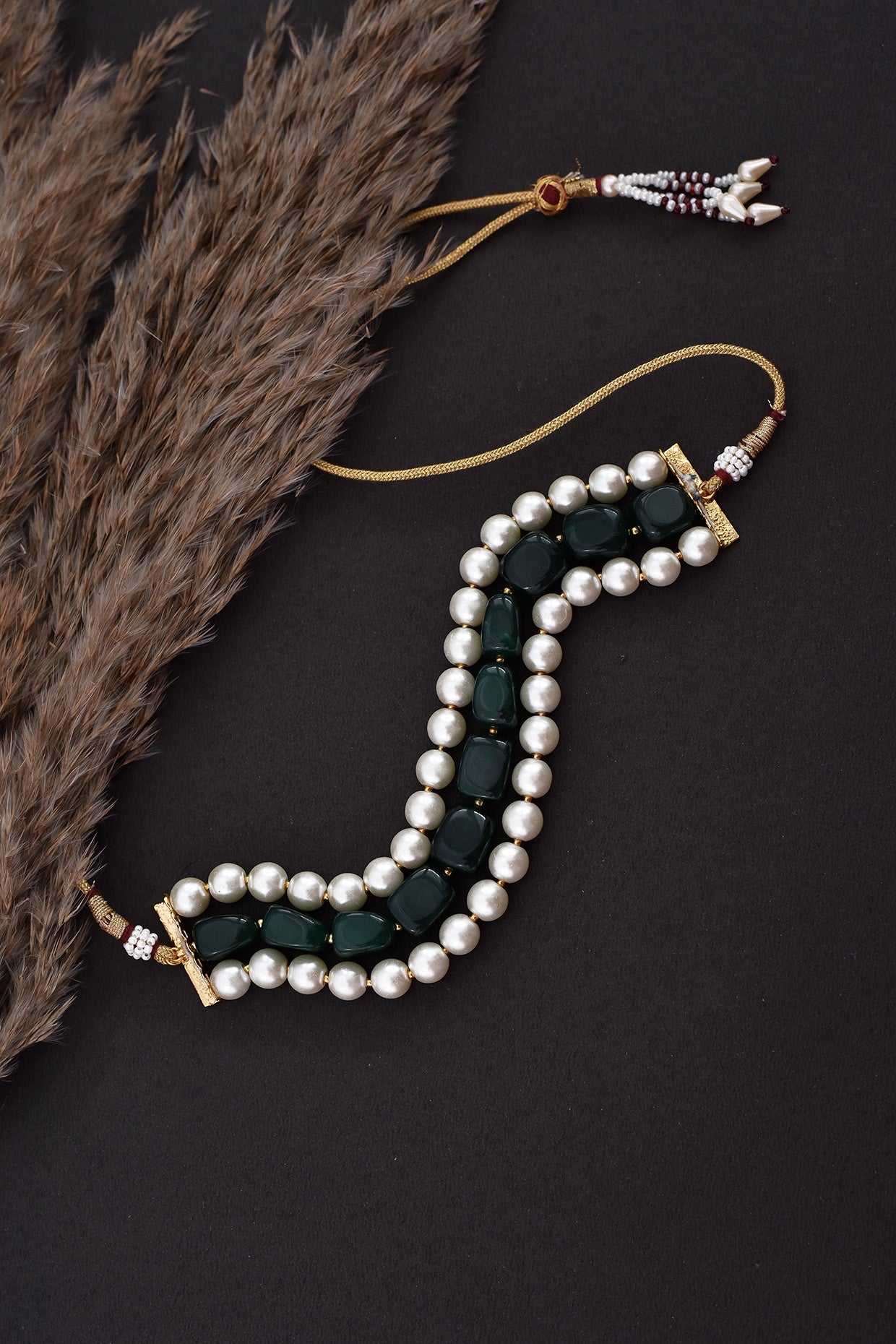 Gold Finish Pearl & Beaded Choker Necklace