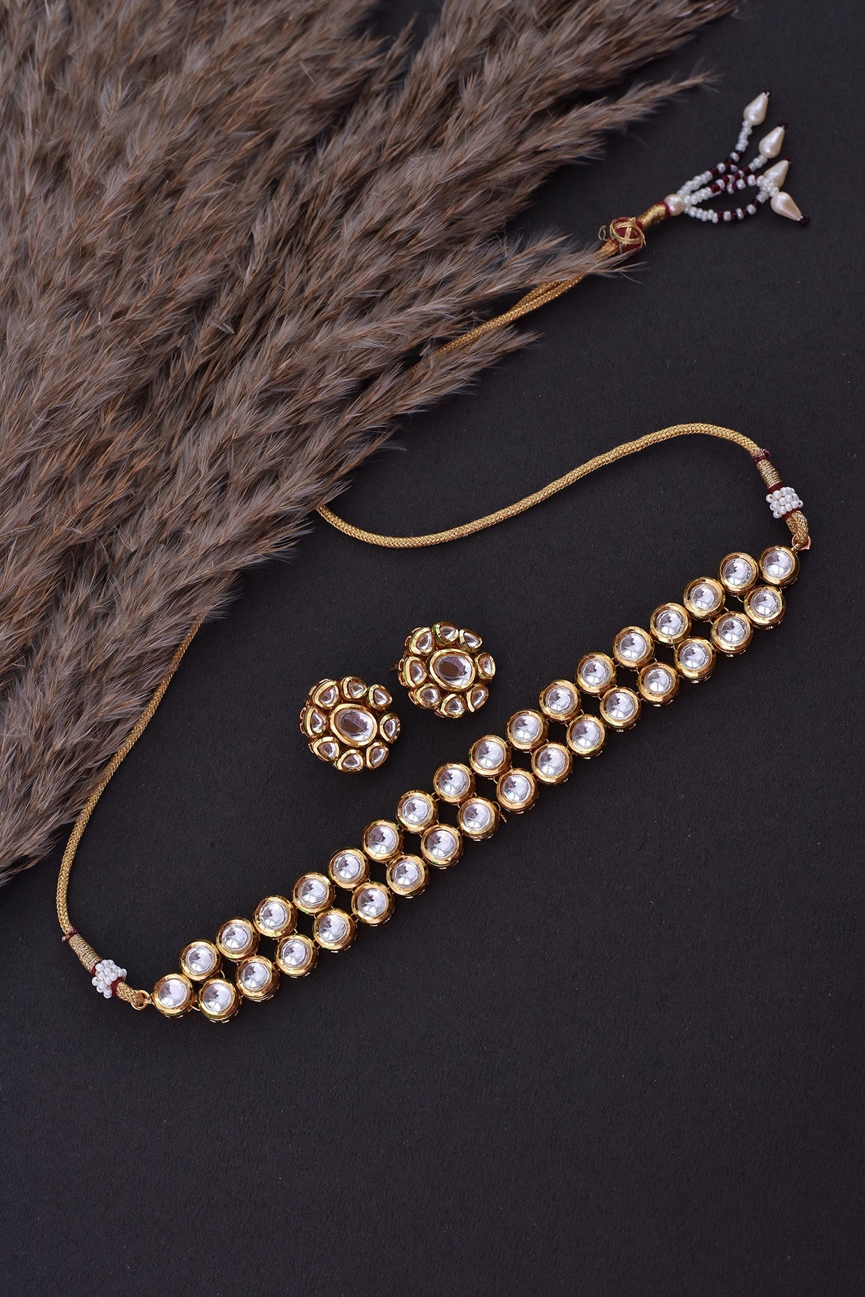 Gold Finish Kundan Polki Choker Necklace Set