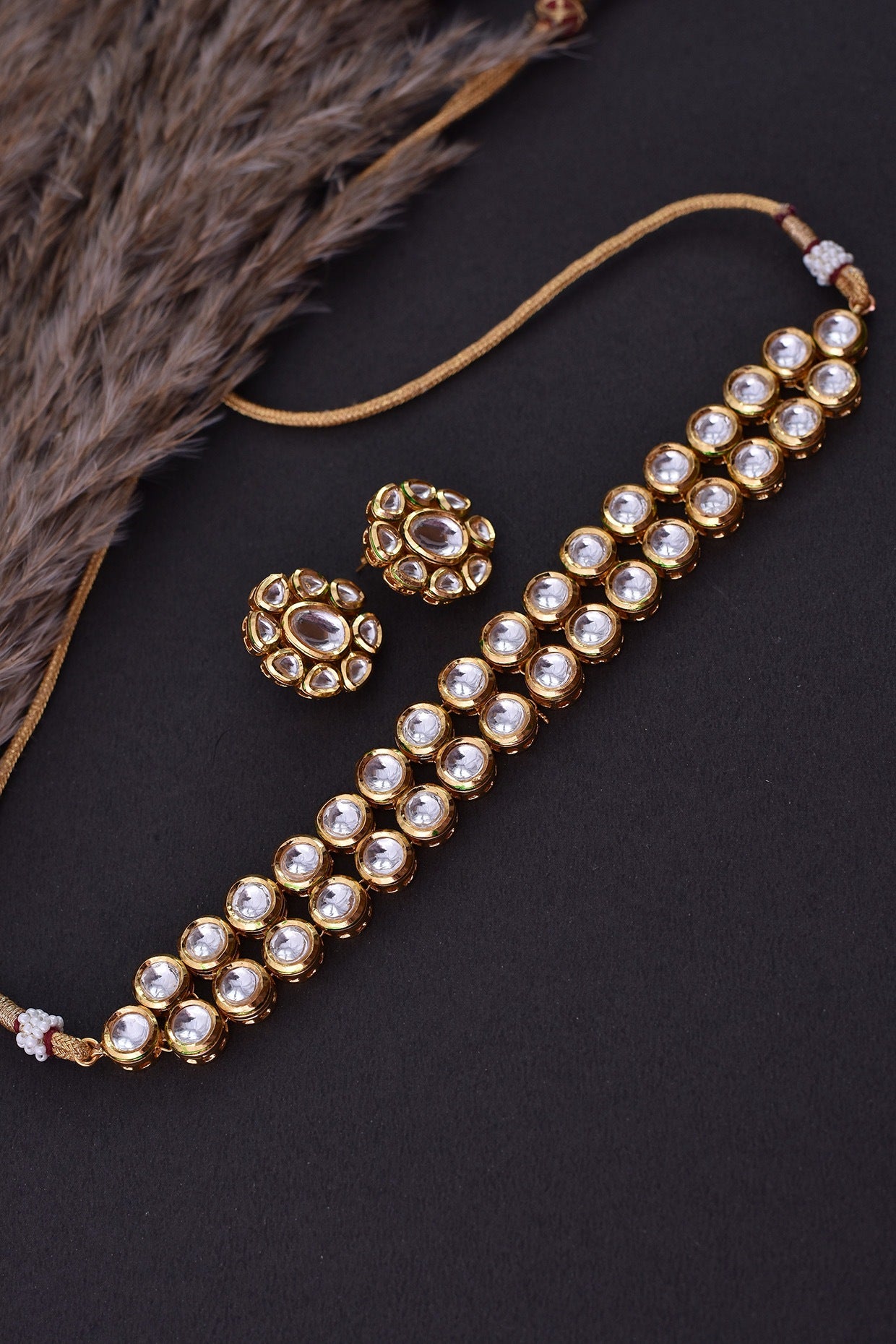 Gold Finish Kundan Polki Choker Necklace Set