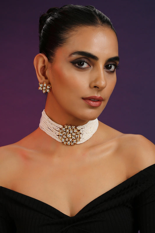 Gold Finish Kundan Polki Choker Necklace Set