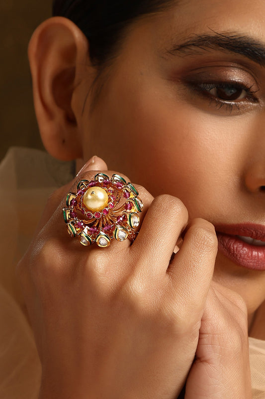 Gold Finish Kundan Polki Ring