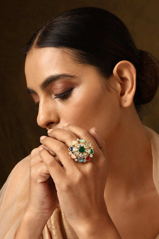 Gold Finish Kundan Polki Ring