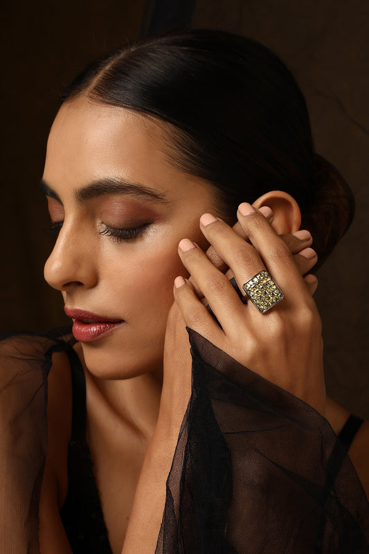 Black Rhodium Finish Kundan Polki & Zircon Ring