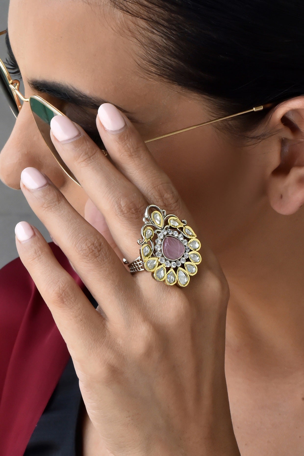 Gold Finish Kundan Polki Ring