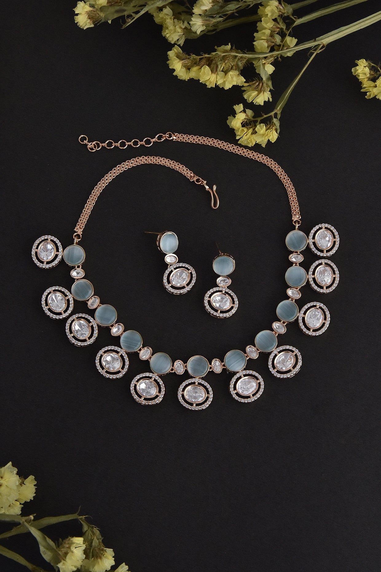 Rose Gold Finish Blue Kundan Polki Necklace Set In Sterling Silver