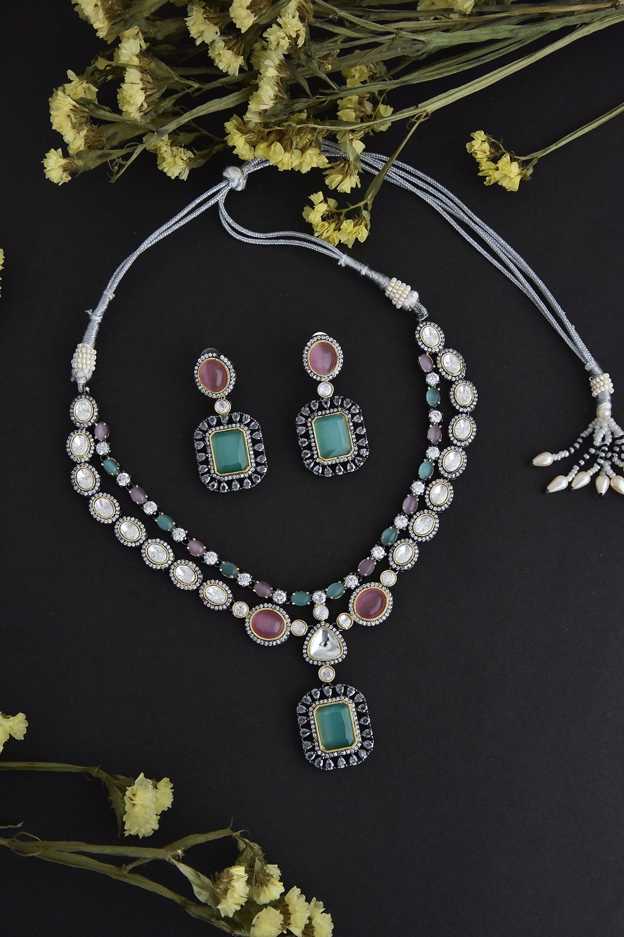 Black Rhodium Finish Pink & Mint Synthetic Stone Necklace Set In Sterling Silver