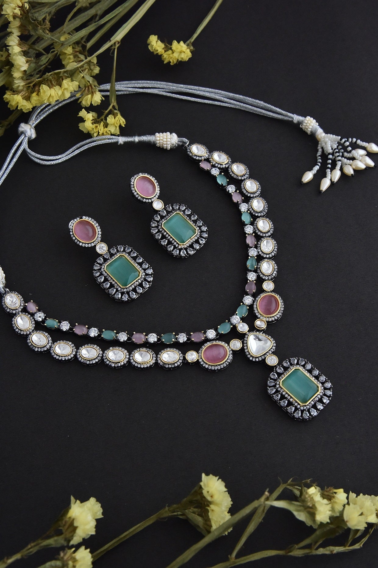 Black Rhodium Finish Pink & Mint Synthetic Stone Necklace Set In Sterling Silver