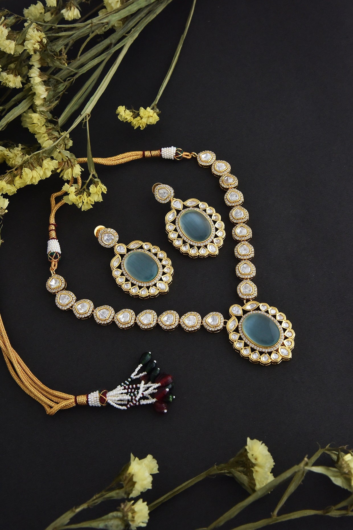 Gold Finish Mint Kundan Polki Necklace Set In Sterling Silver