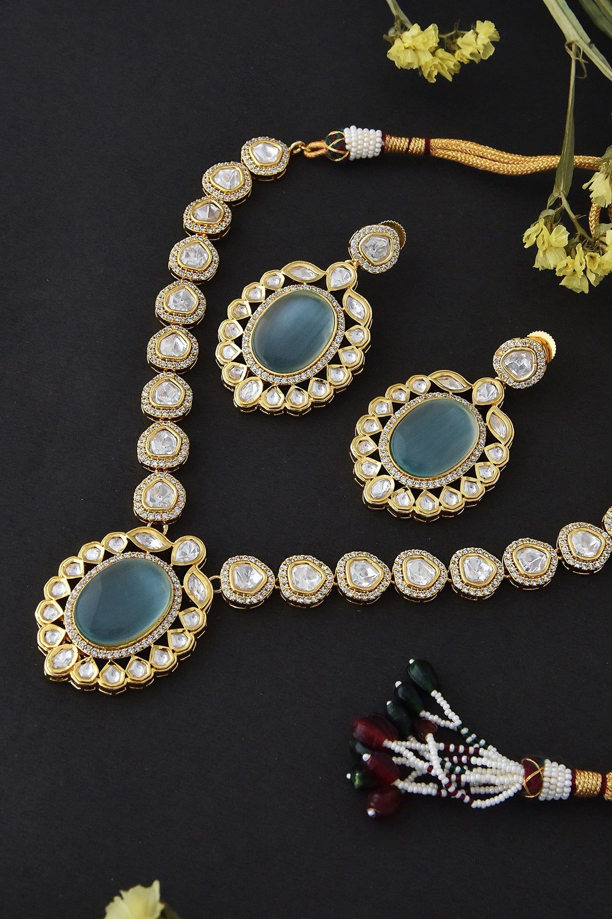 Gold Finish Mint Kundan Polki Necklace Set In Sterling Silver