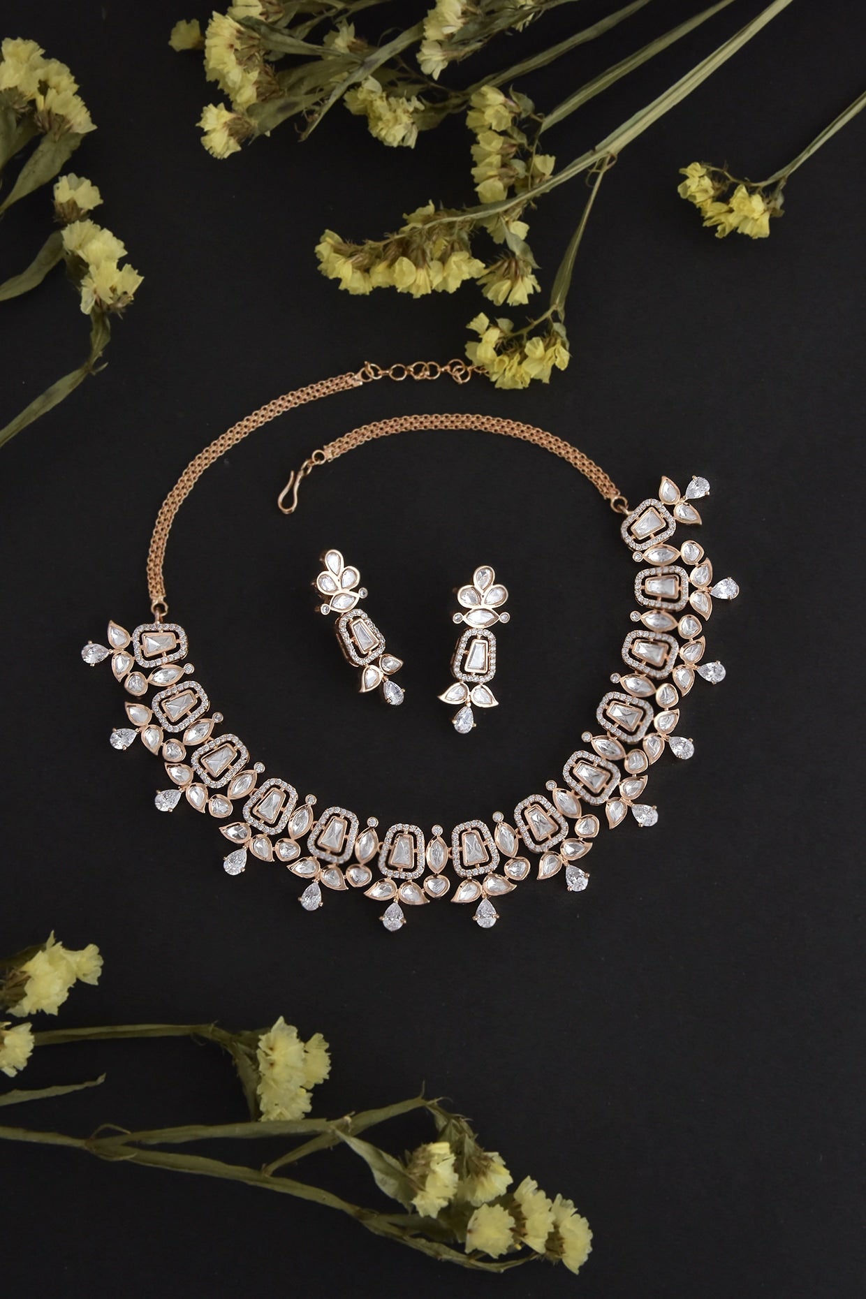 Rose Gold Finish Synthetic Stone & Kundan Polki Necklace Set In Sterling Silver