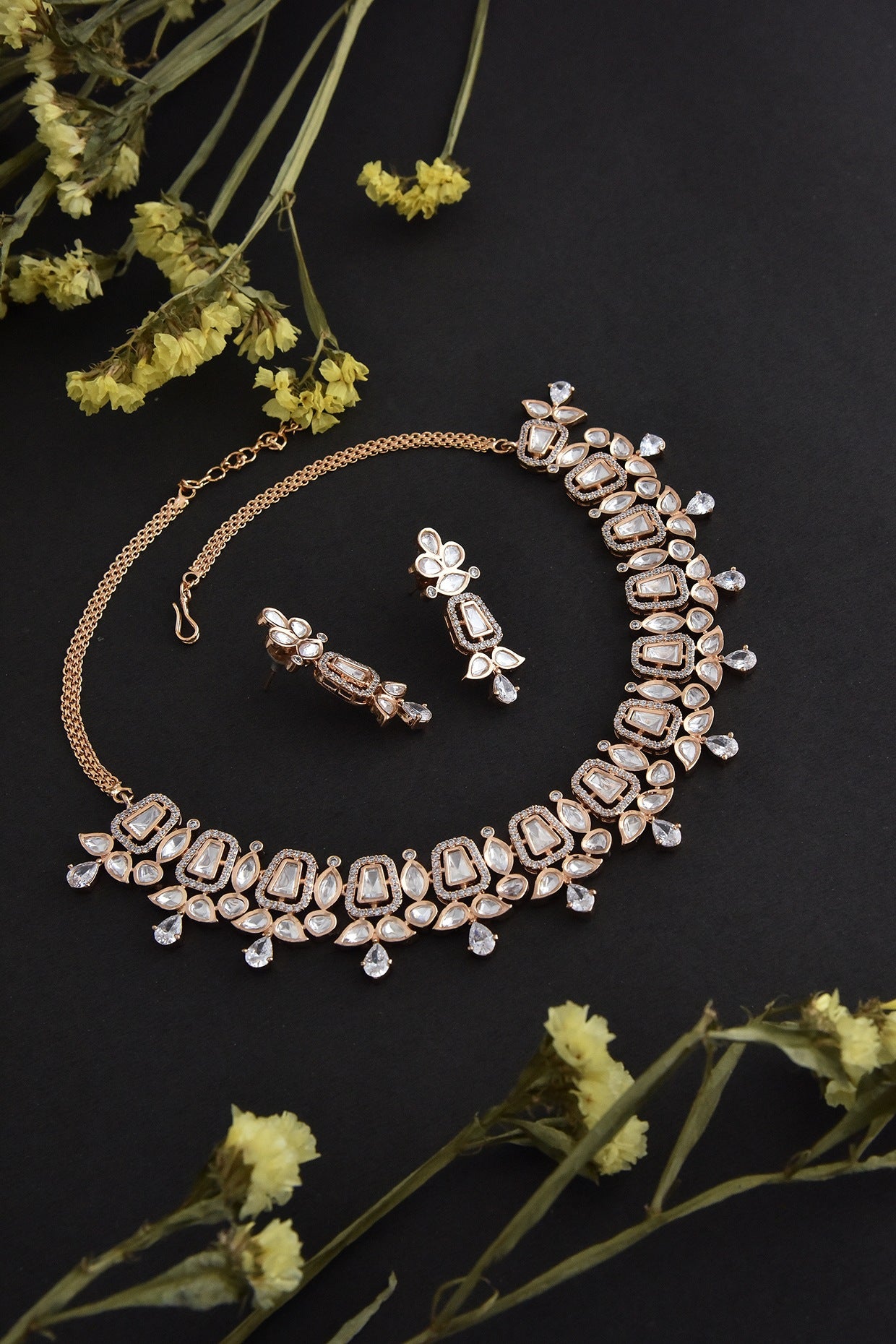 Rose Gold Finish Synthetic Stone & Kundan Polki Necklace Set In Sterling Silver