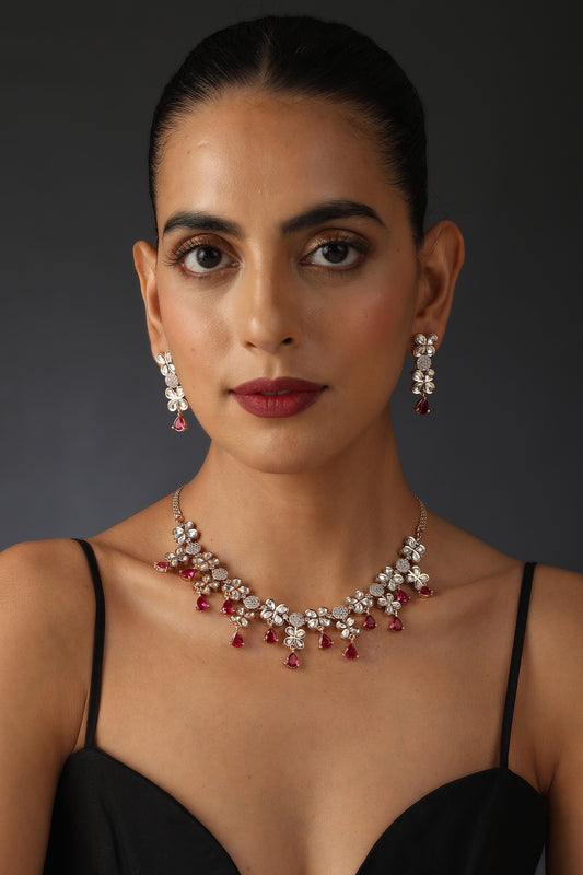 Rose Gold Finish Red Synthetic Stone & Kundan Polki Necklace Set In Sterling Silver