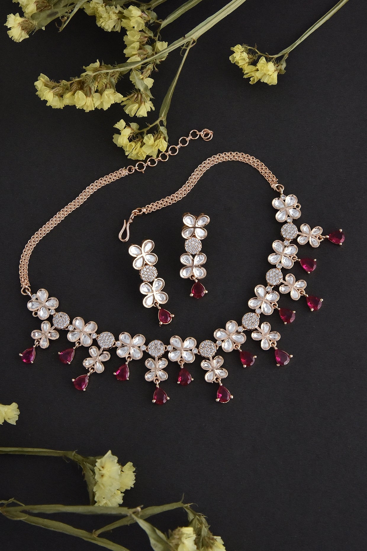 Rose Gold Finish Red Synthetic Stone & Kundan Polki Necklace Set In Sterling Silver