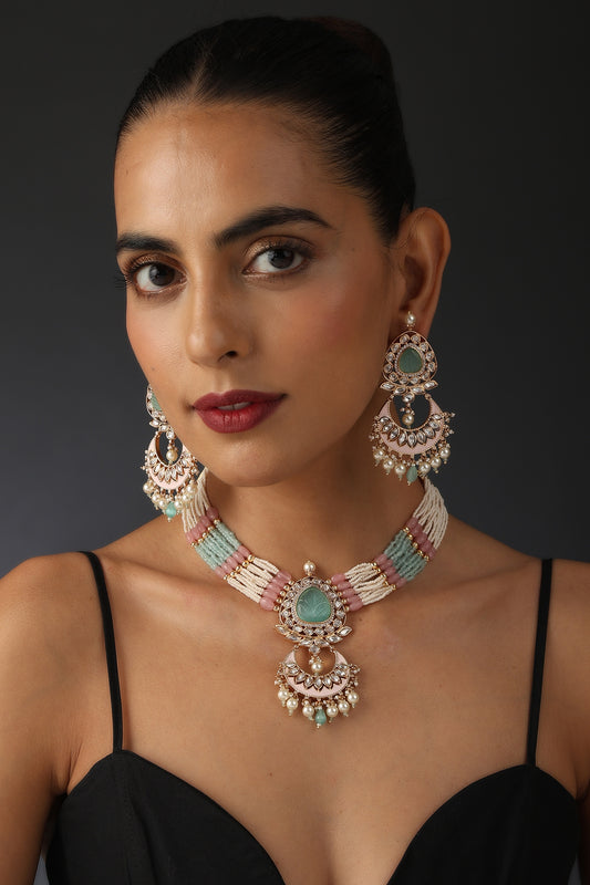 Gold Finish Pink & Mint Kundan Polki Necklace Set In Sterling Silver