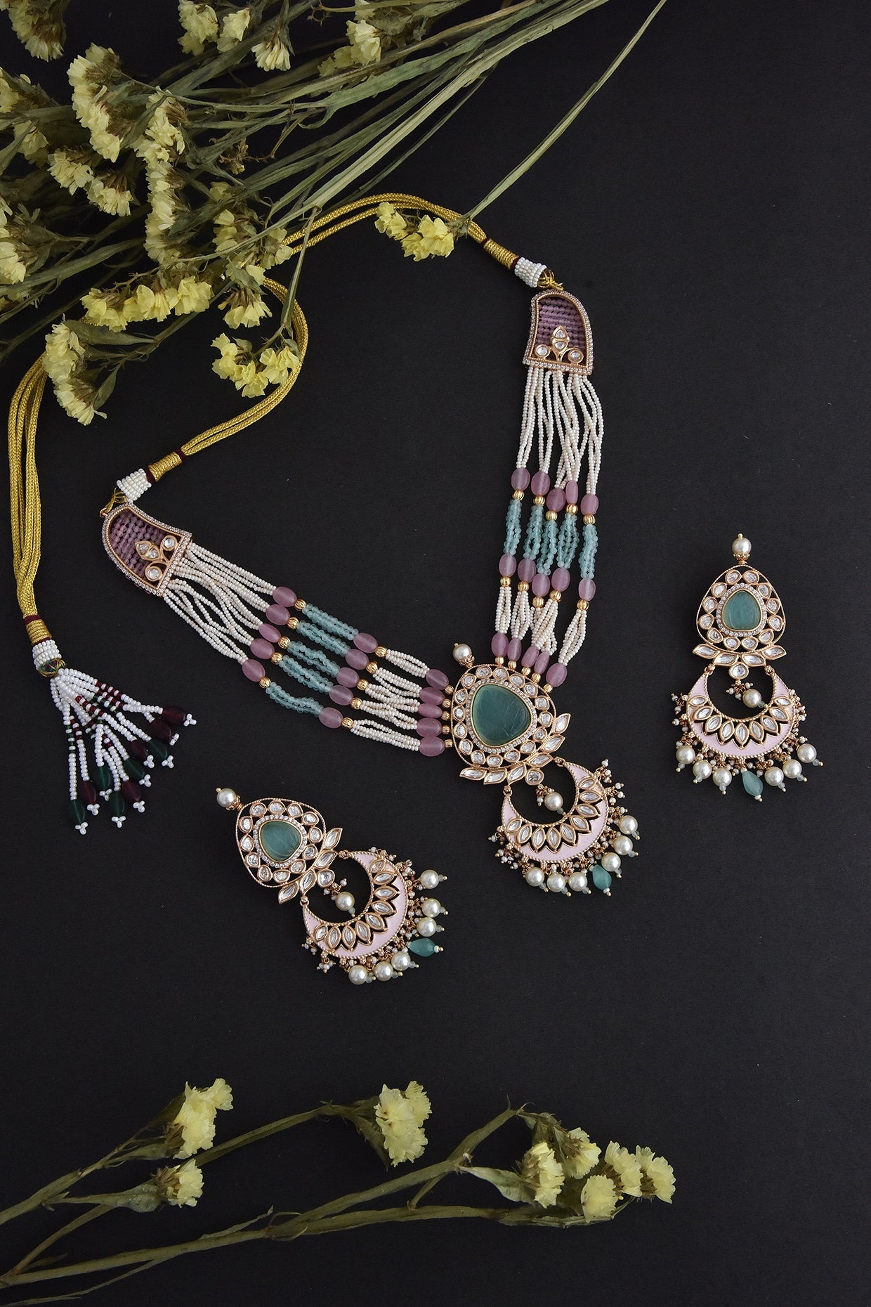 Gold Finish Pink & Mint Kundan Polki Necklace Set In Sterling Silver