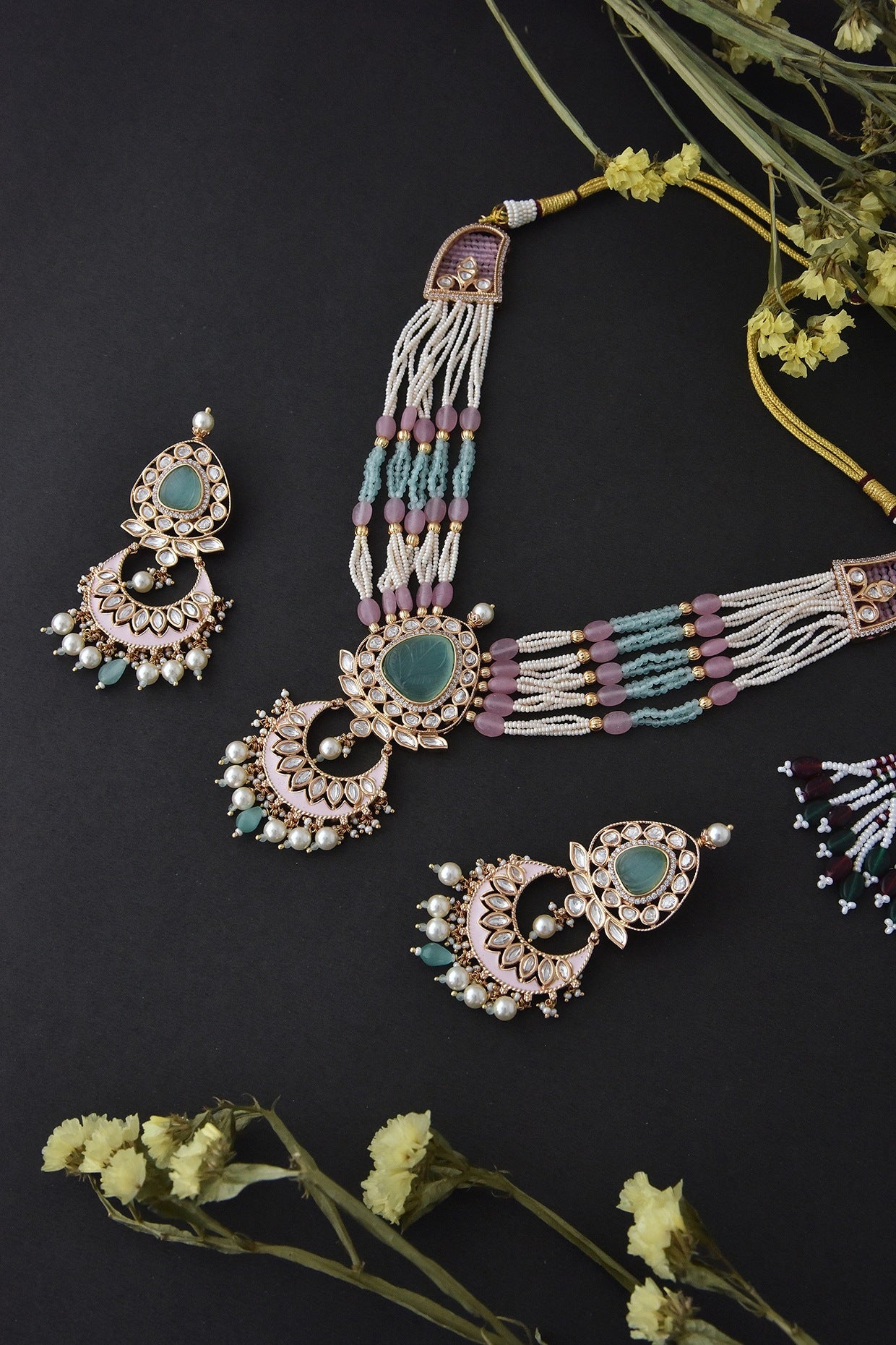 Gold Finish Pink & Mint Kundan Polki Necklace Set In Sterling Silver