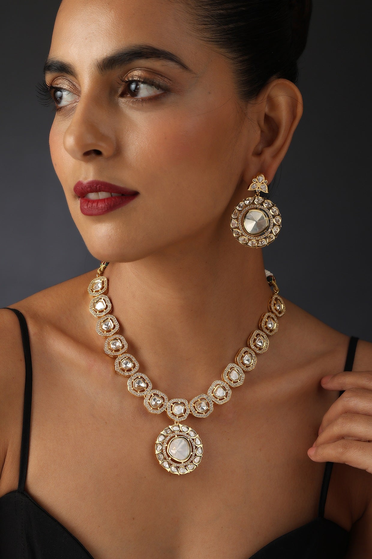 Gold Finish Kundan Polki Necklace Set In Sterling Silver