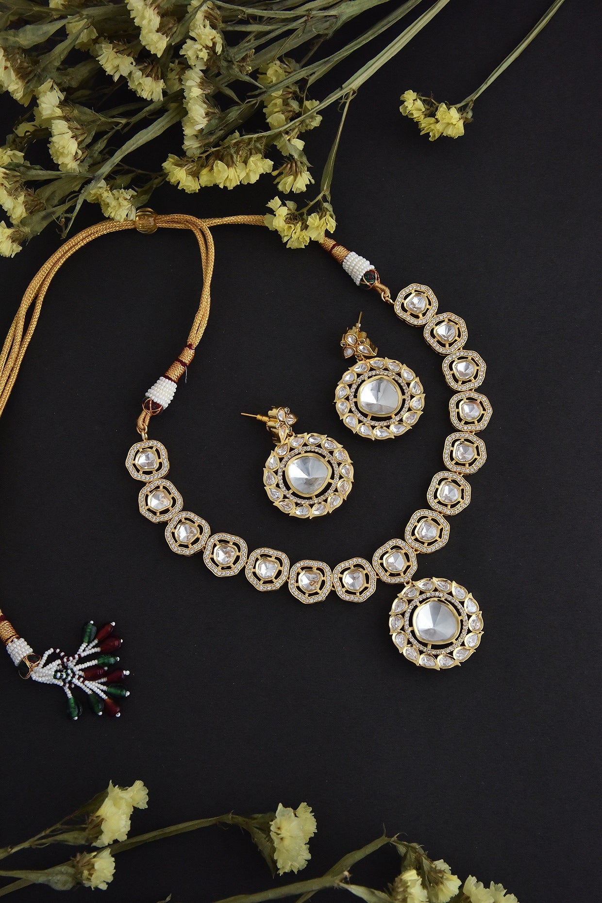 Gold Finish Kundan Polki Necklace Set In Sterling Silver