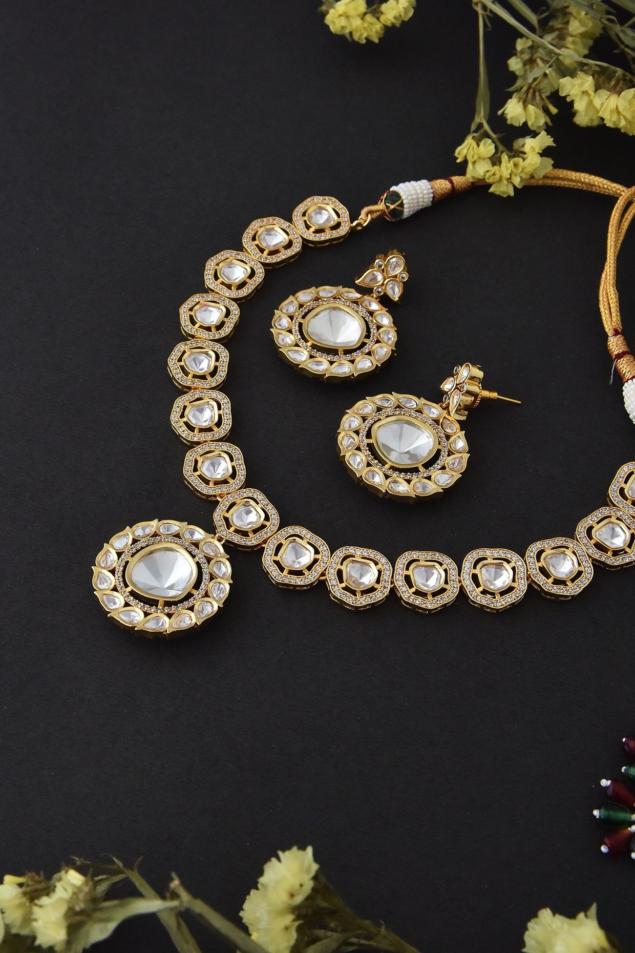 Gold Finish Kundan Polki Necklace Set In Sterling Silver