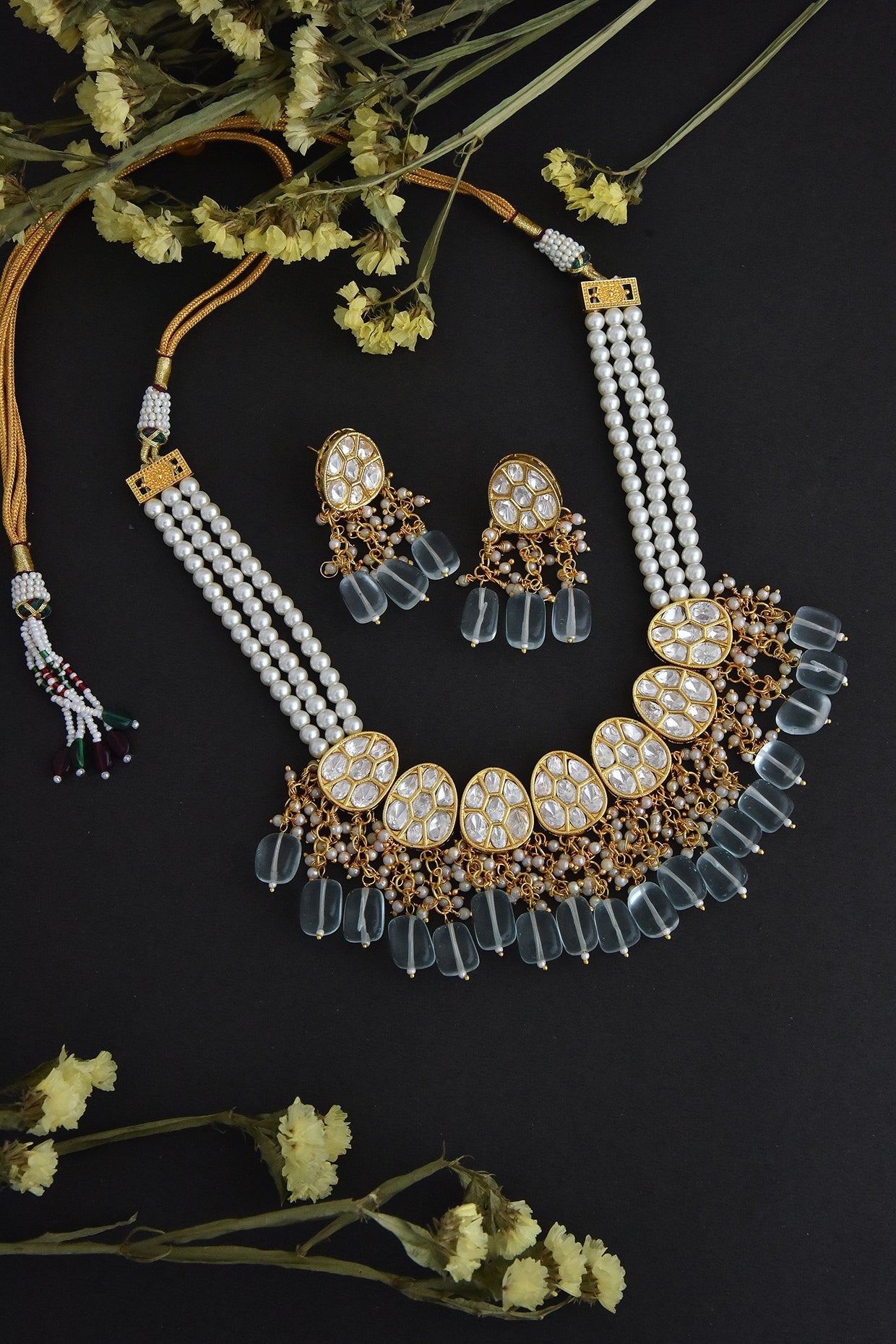 Gold Finish Mint Synthetic Stone & Kundan Polki Necklace Set