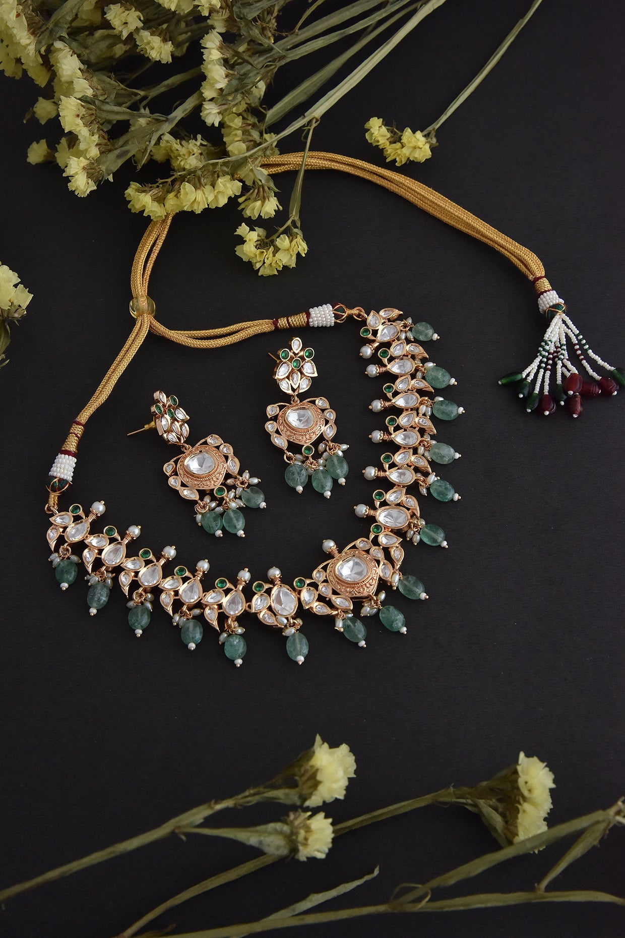 Gold Finish Green Synthetic Stone & Kundan Polki Necklace Set In Sterling Silver