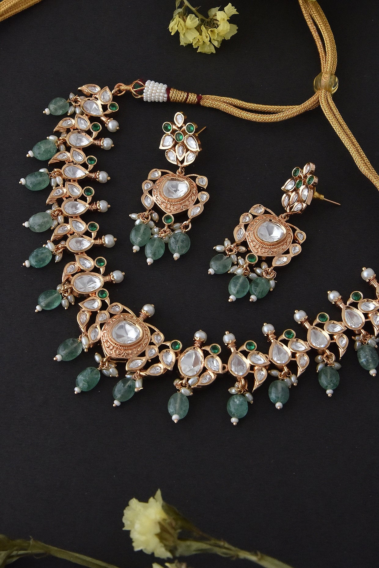 Gold Finish Green Synthetic Stone & Kundan Polki Necklace Set In Sterling Silver