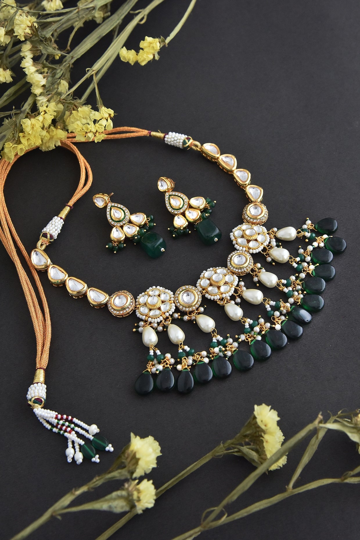 Gold Finish Green Synthetic Stone & Kundan Polki Necklace Set