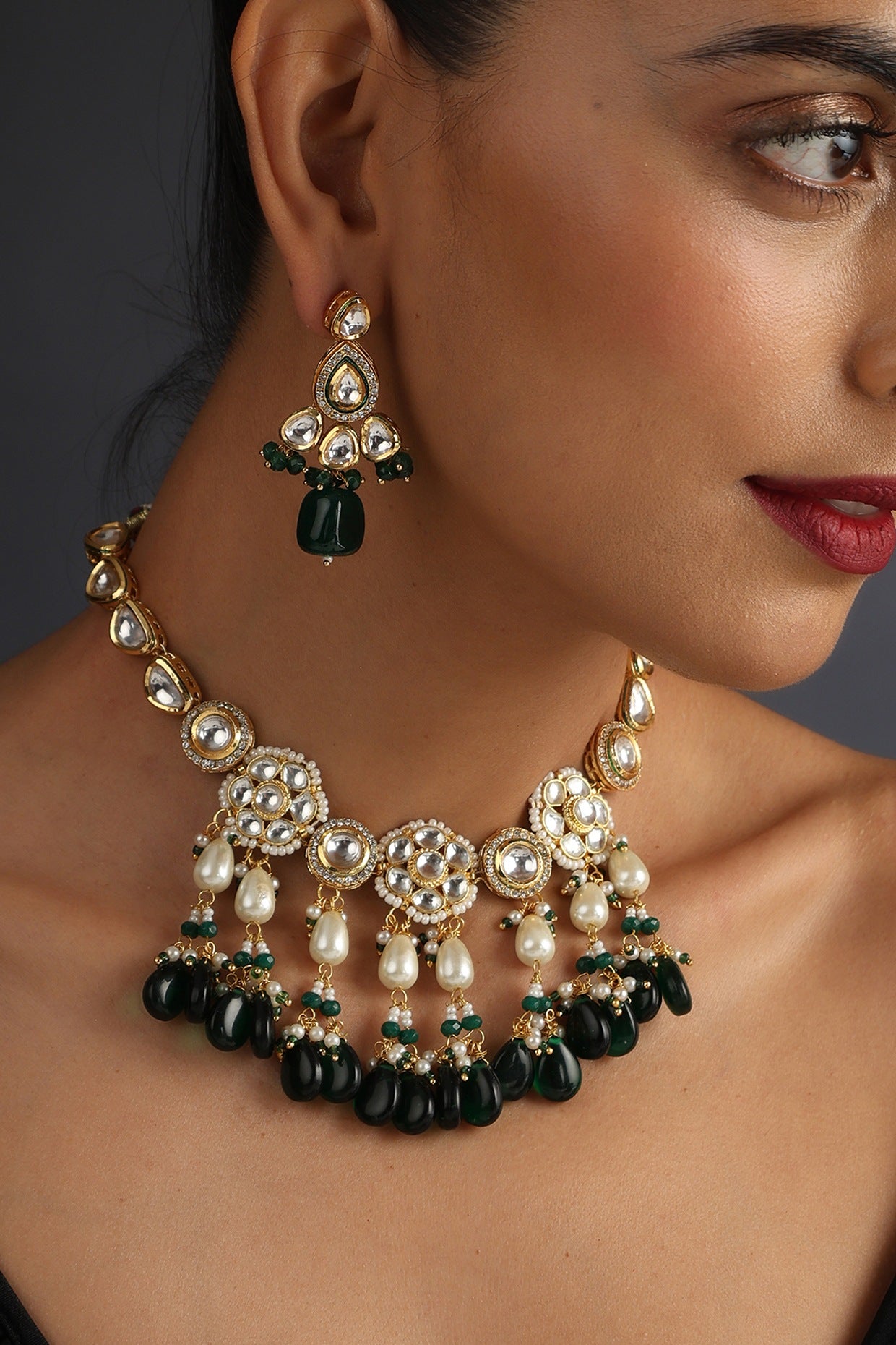 Gold Finish Green Synthetic Stone & Kundan Polki Necklace Set