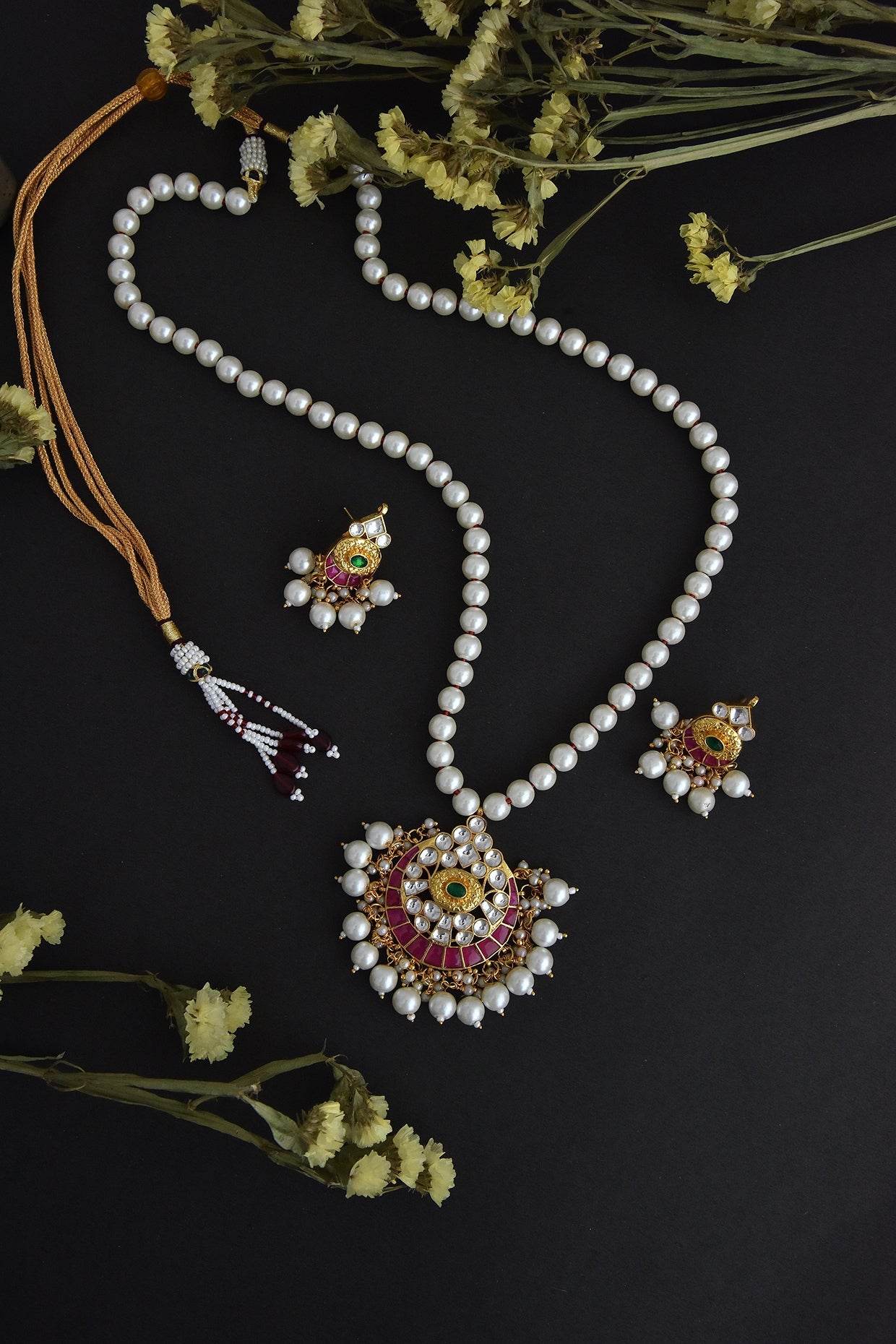 Gold Finish Synthetic Stone & Kundan Polki Long Necklace Set