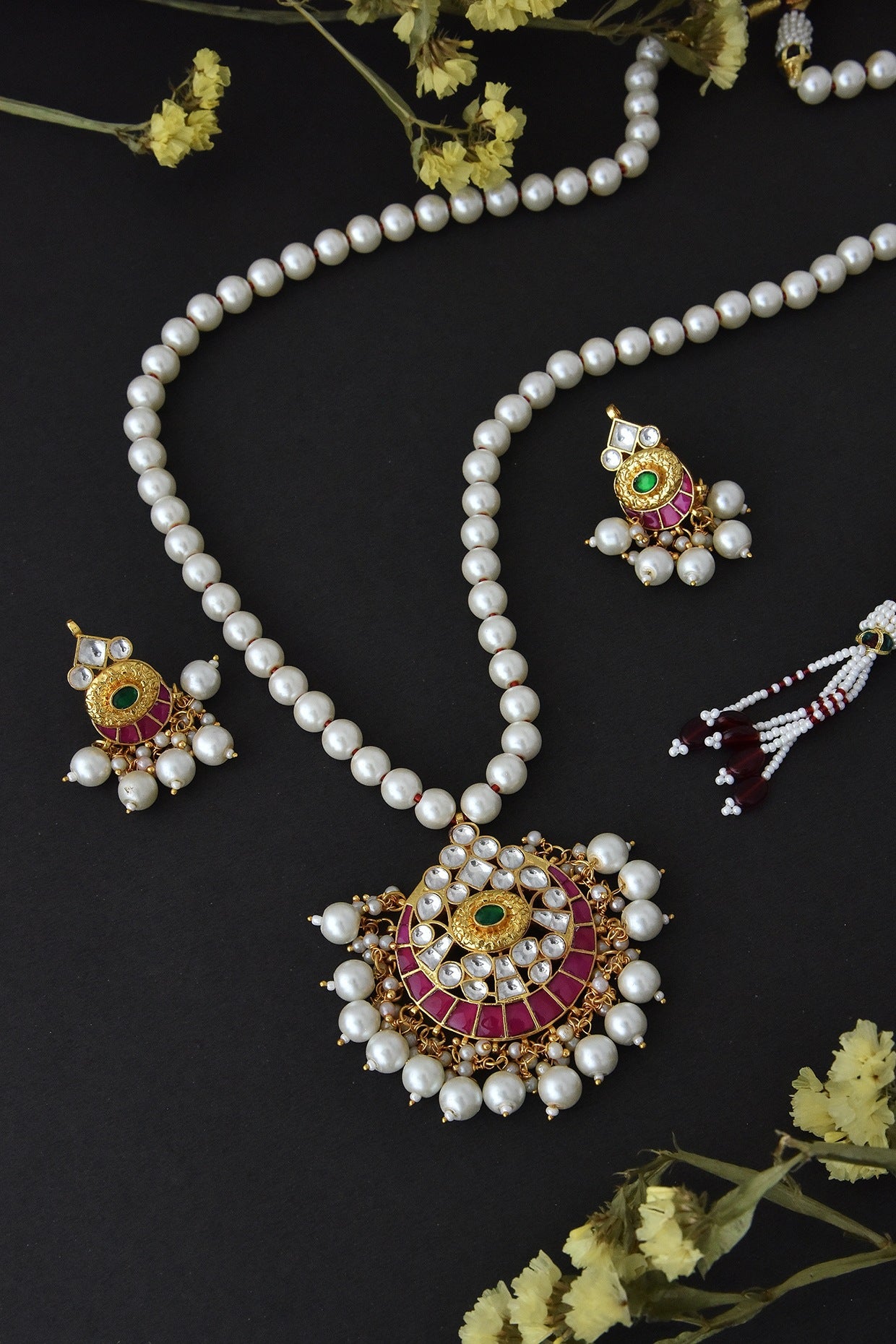 Gold Finish Synthetic Stone & Kundan Polki Long Necklace Set