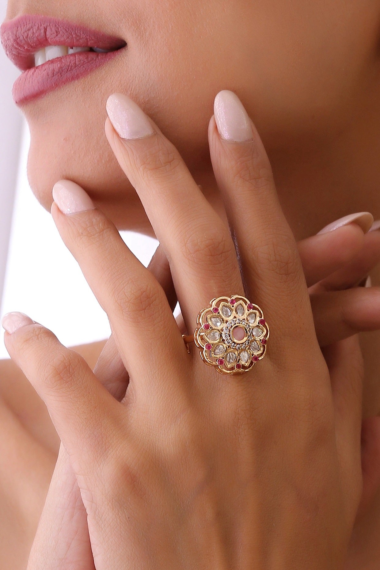 Gold Finish Kundan Polkis Handcrafted Ring