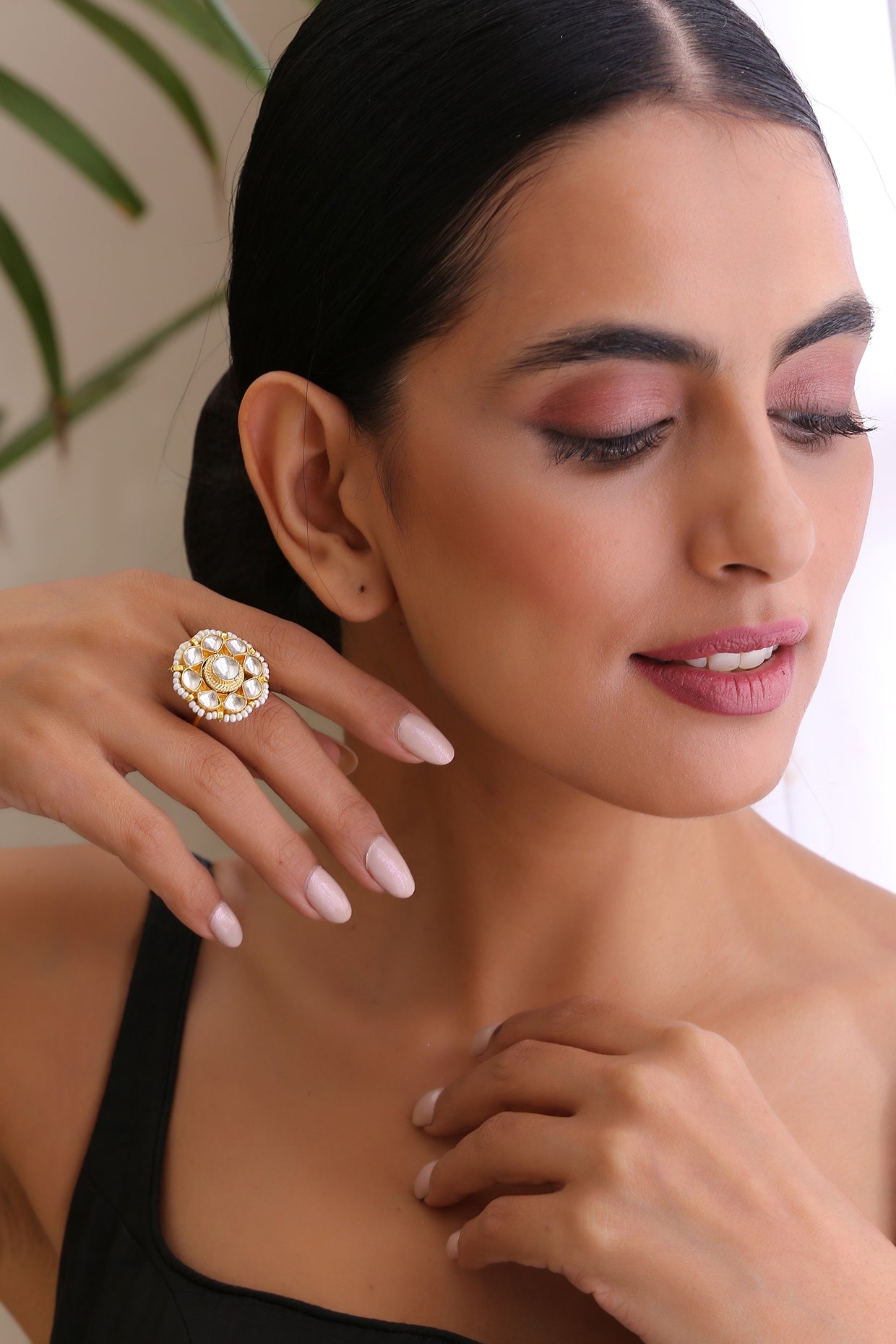 Gold Finish Kundan Polki Ring