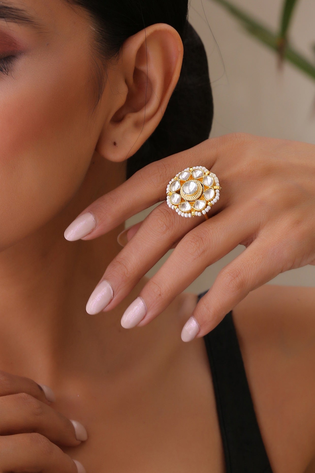 Gold Finish Kundan Polki Ring