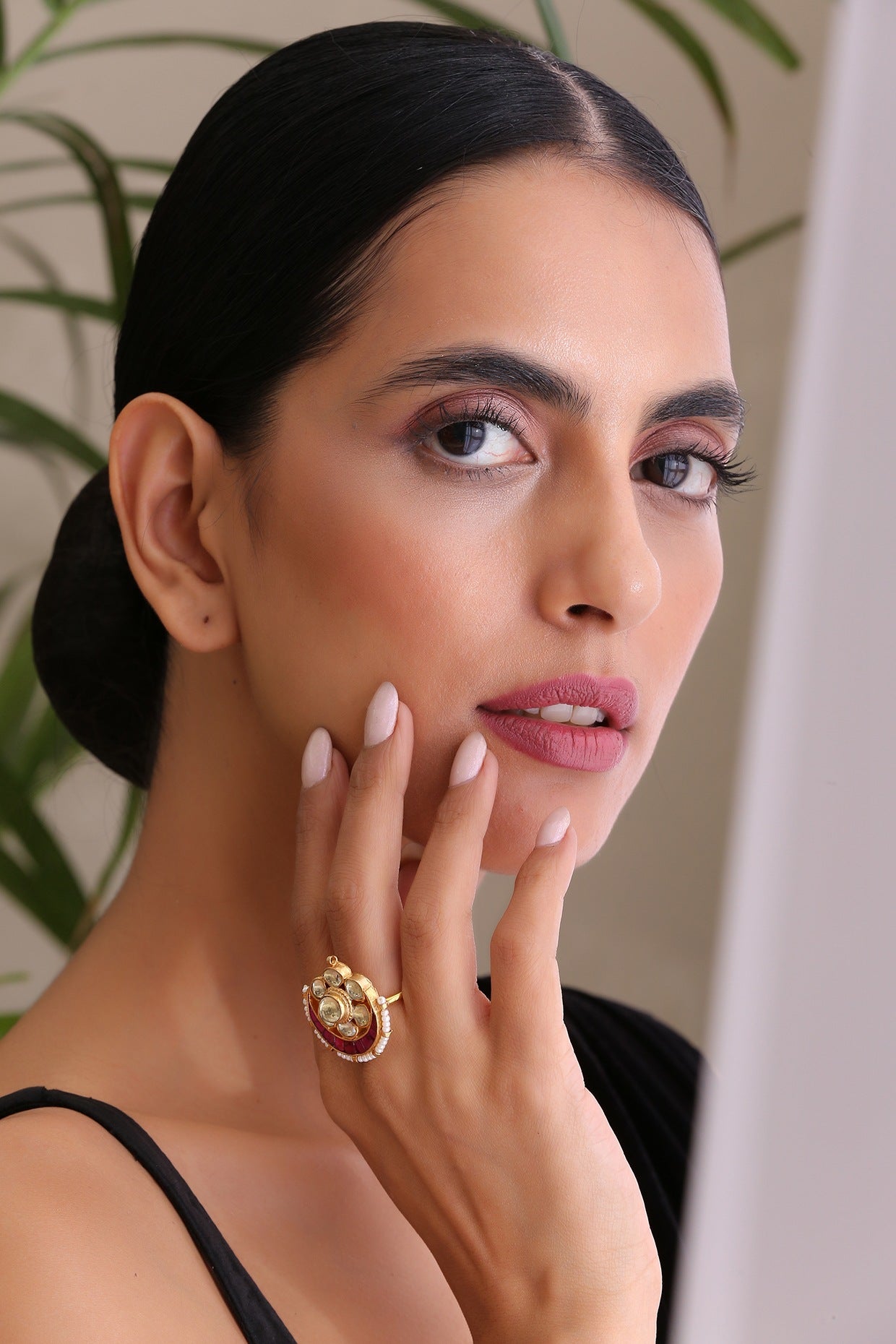 Gold Finish Kundan Polki & Ruby Stone Ring