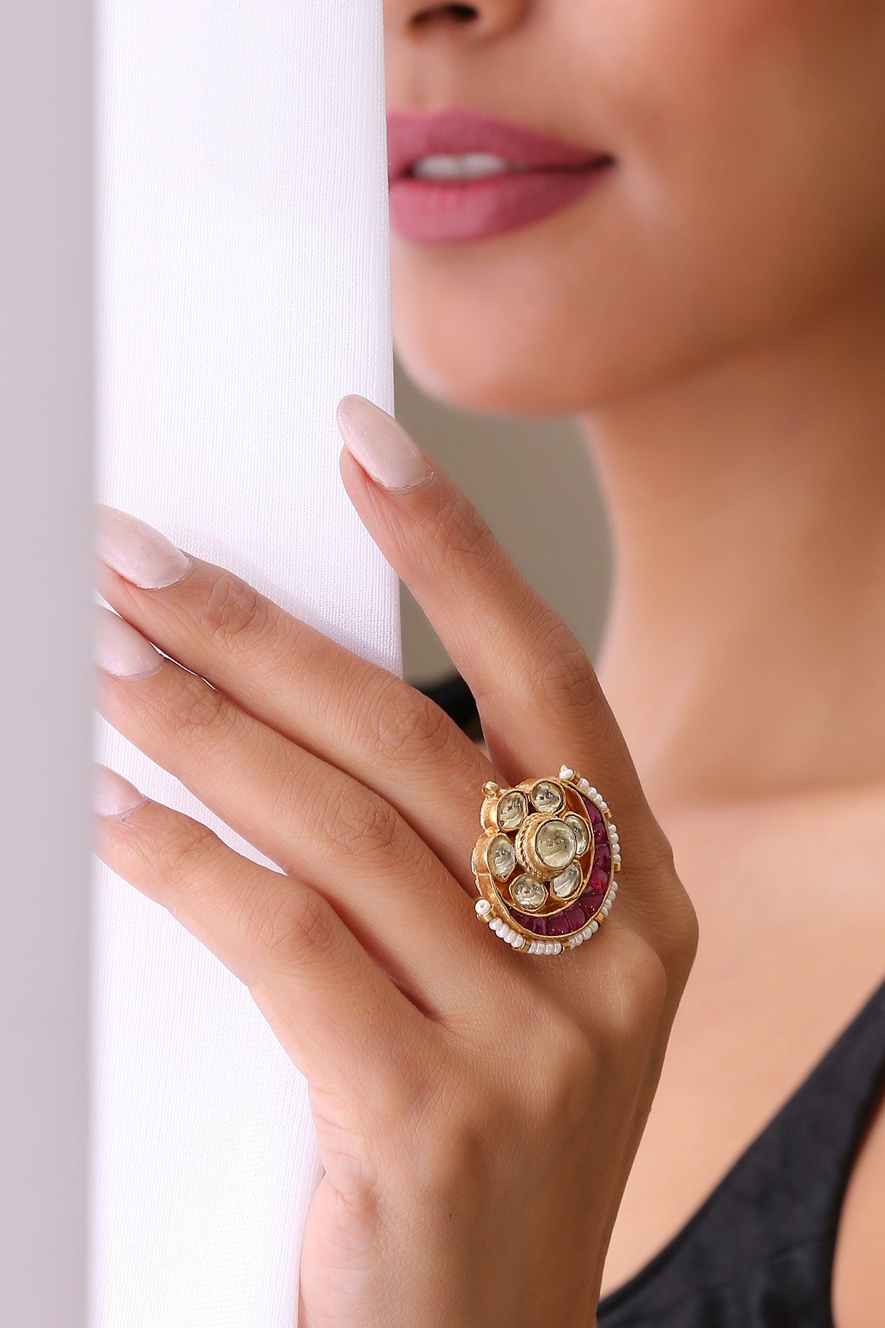 Gold Finish Kundan Polki & Ruby Stone Ring