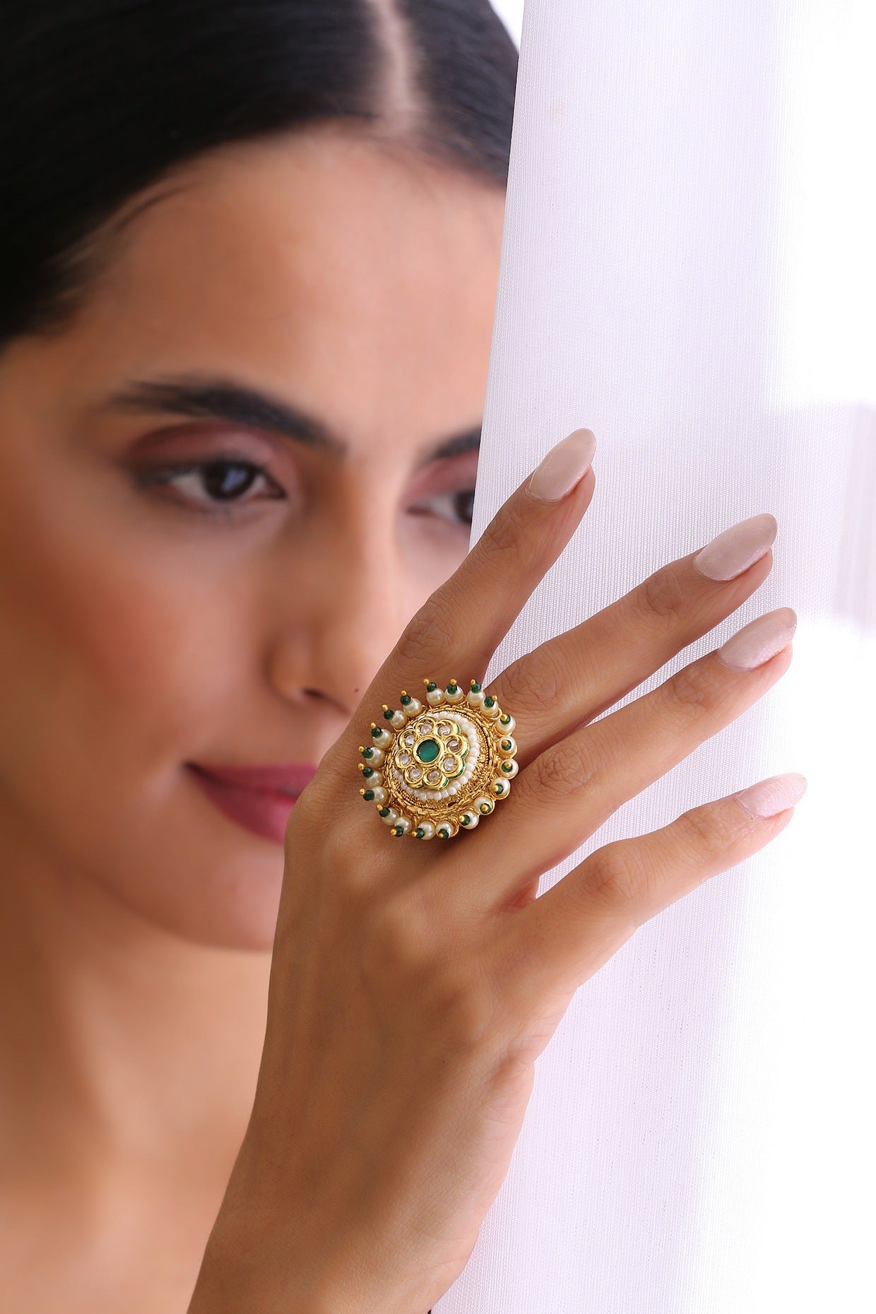 Gold Finish Kundan Polki & Pearl Ring