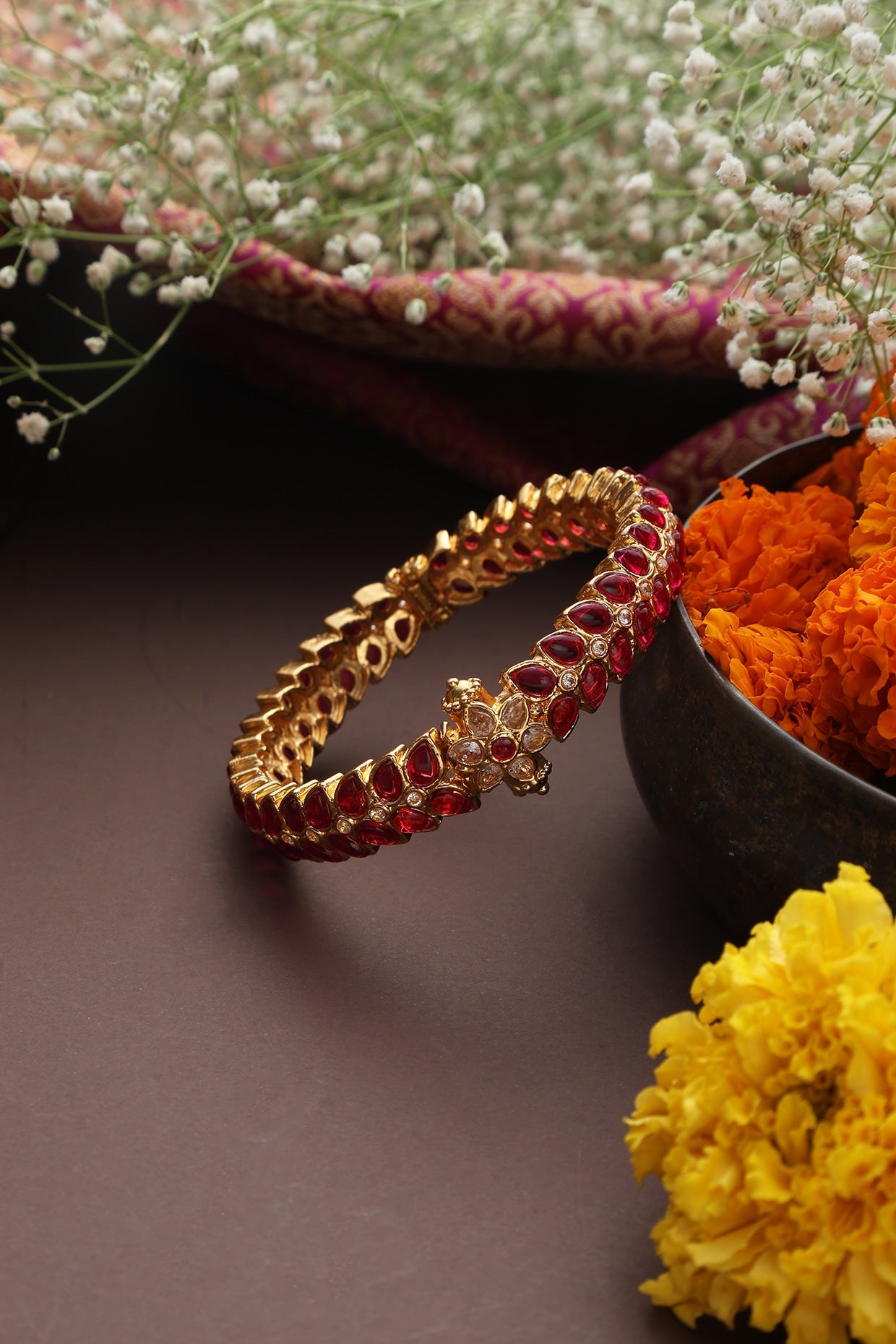 Gold Finish Ruby Synthetic Stone Jadau Kada