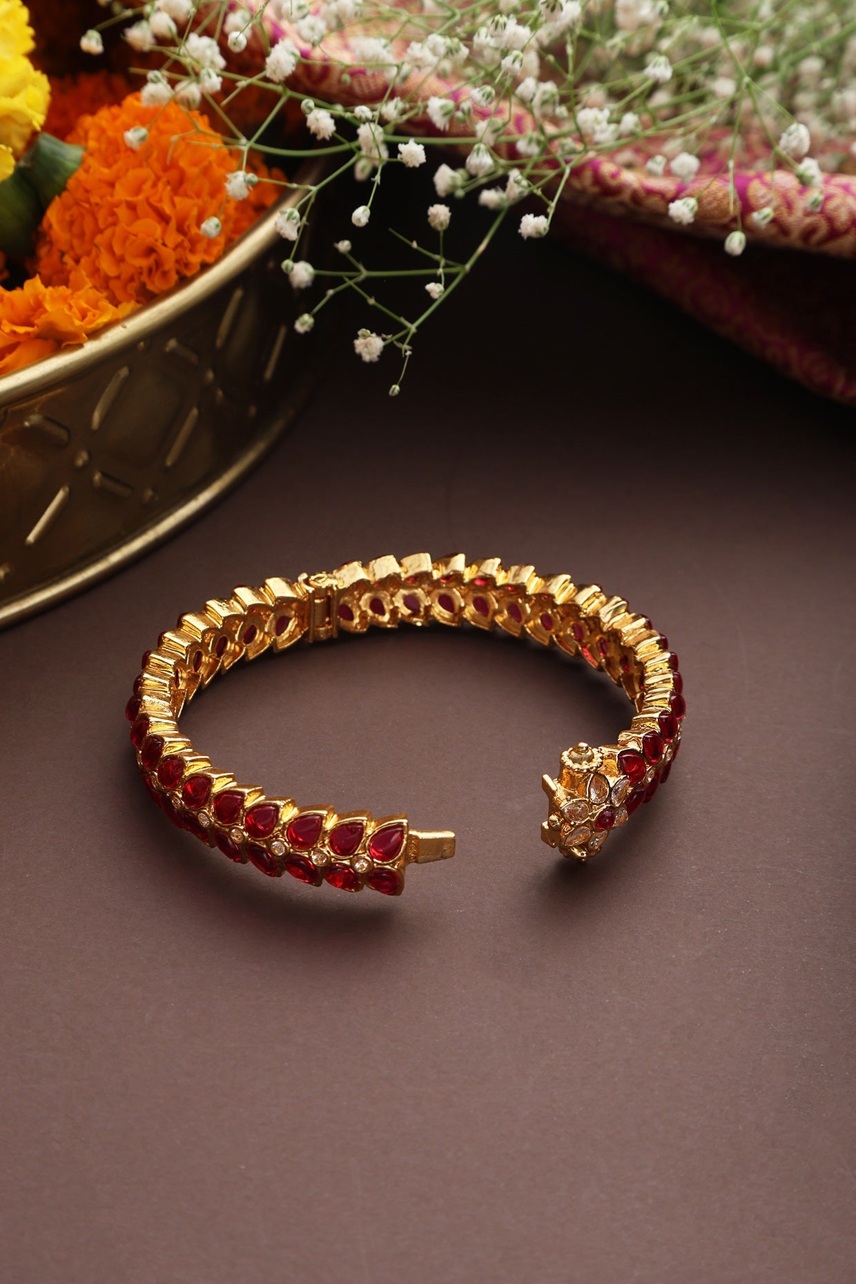 Gold Finish Ruby Synthetic Stone Jadau Kada