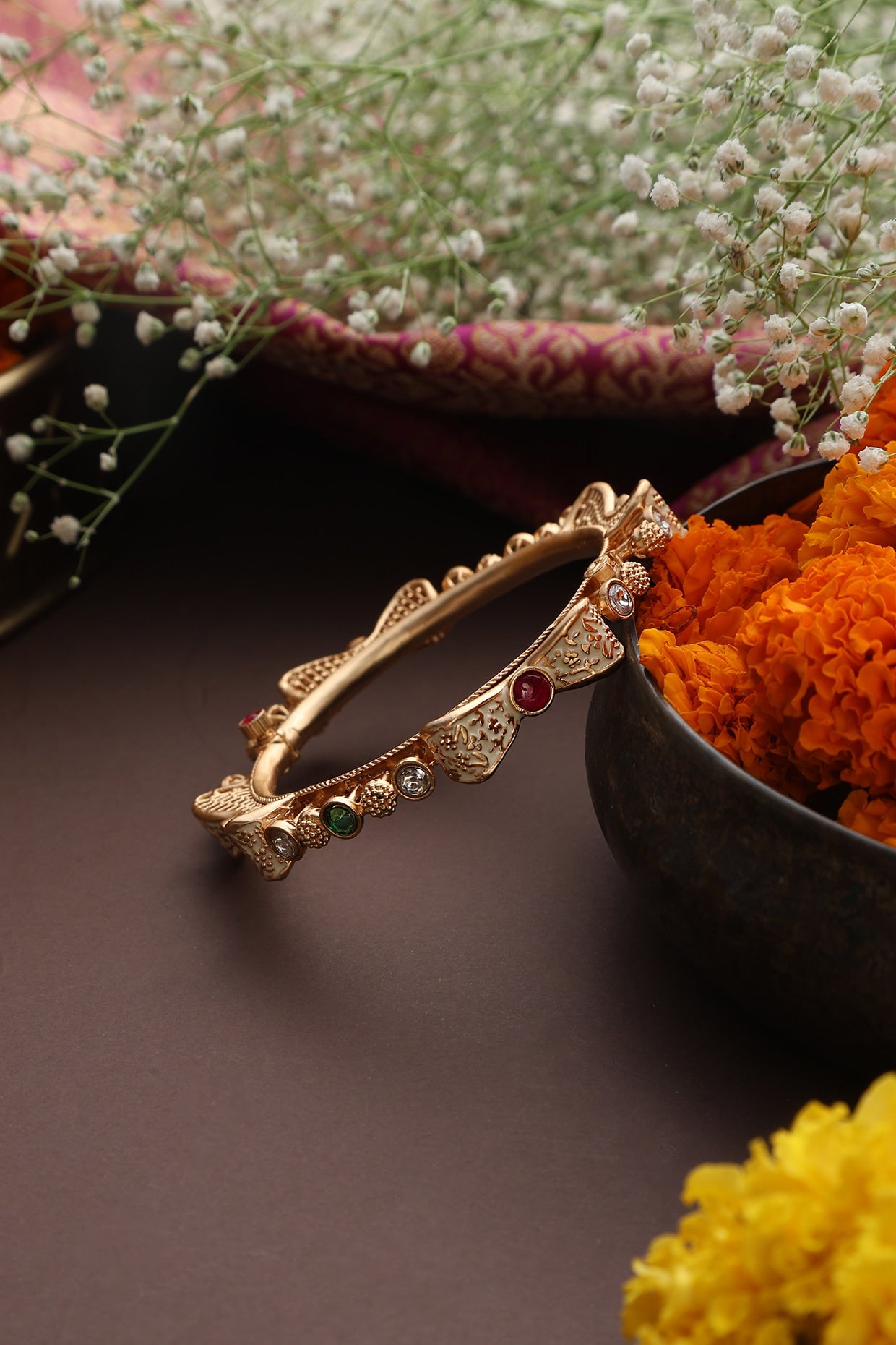 Gold Finish Multi-Colored Kundan Polki Bangle