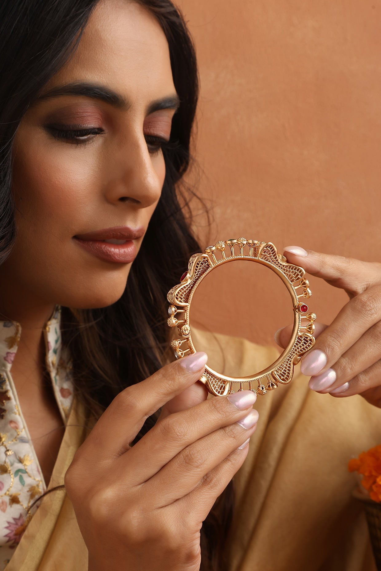 Gold Finish Multi-Colored Kundan Polki Bangle