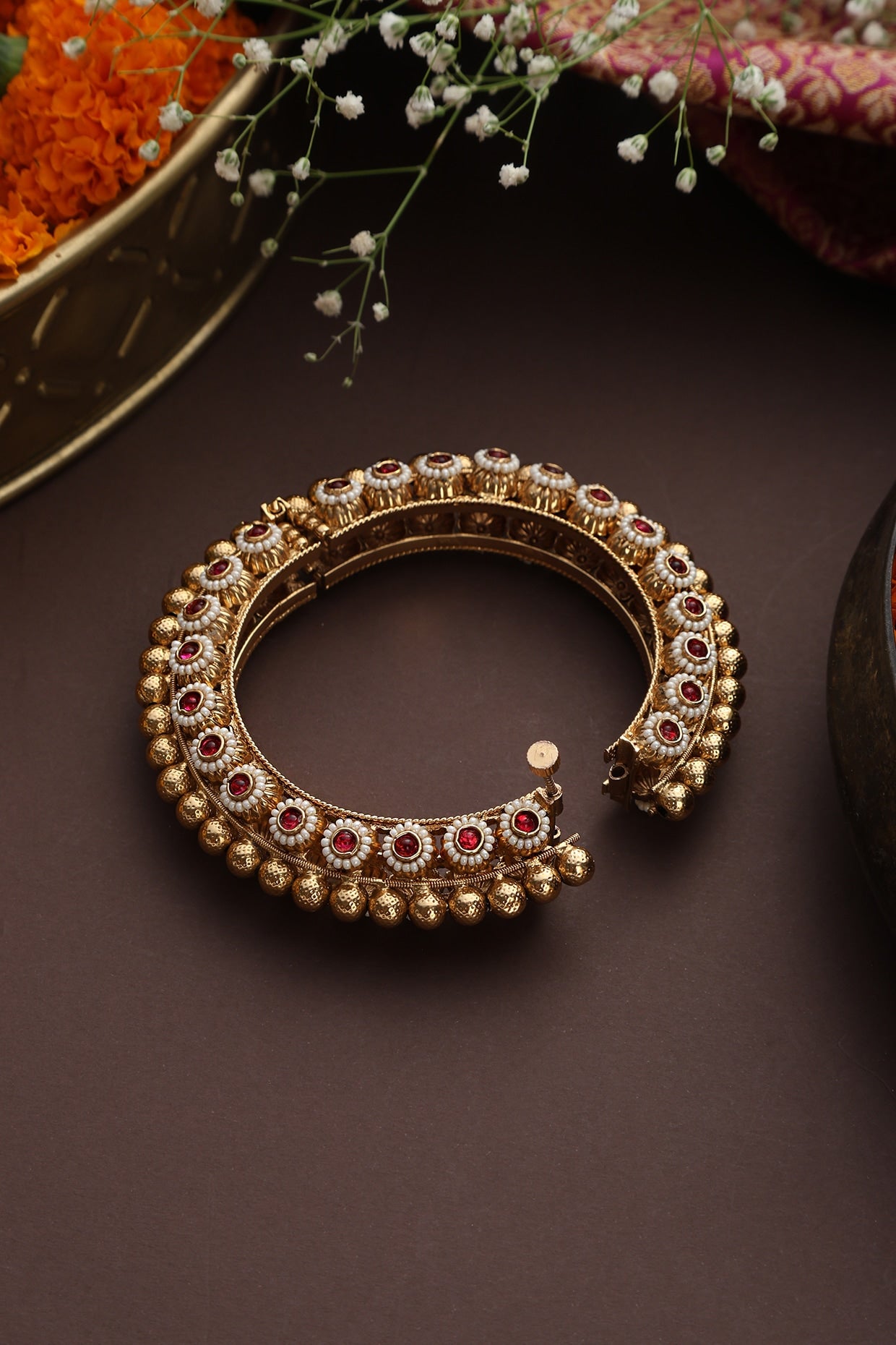 Gold Finish Ruby Synthetic Stone Jadau Kada