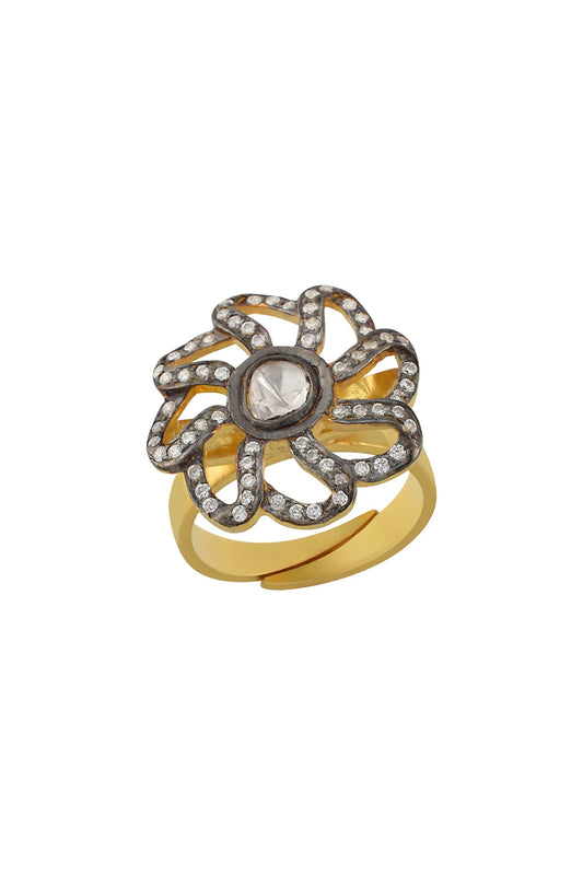 Gold Plated & Black Rhodium Finish Floral Ring