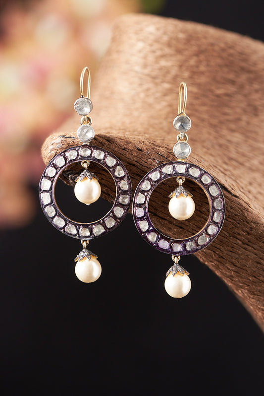 Two Tone Finish Pearl & Diamond Dangler Earrings In Sterling Silver