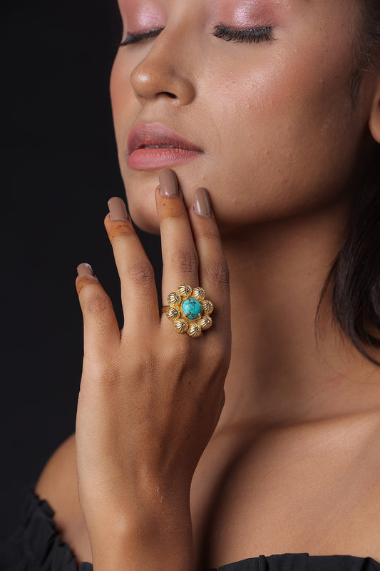 Gold Finish Turquoise Stone Floral Ring