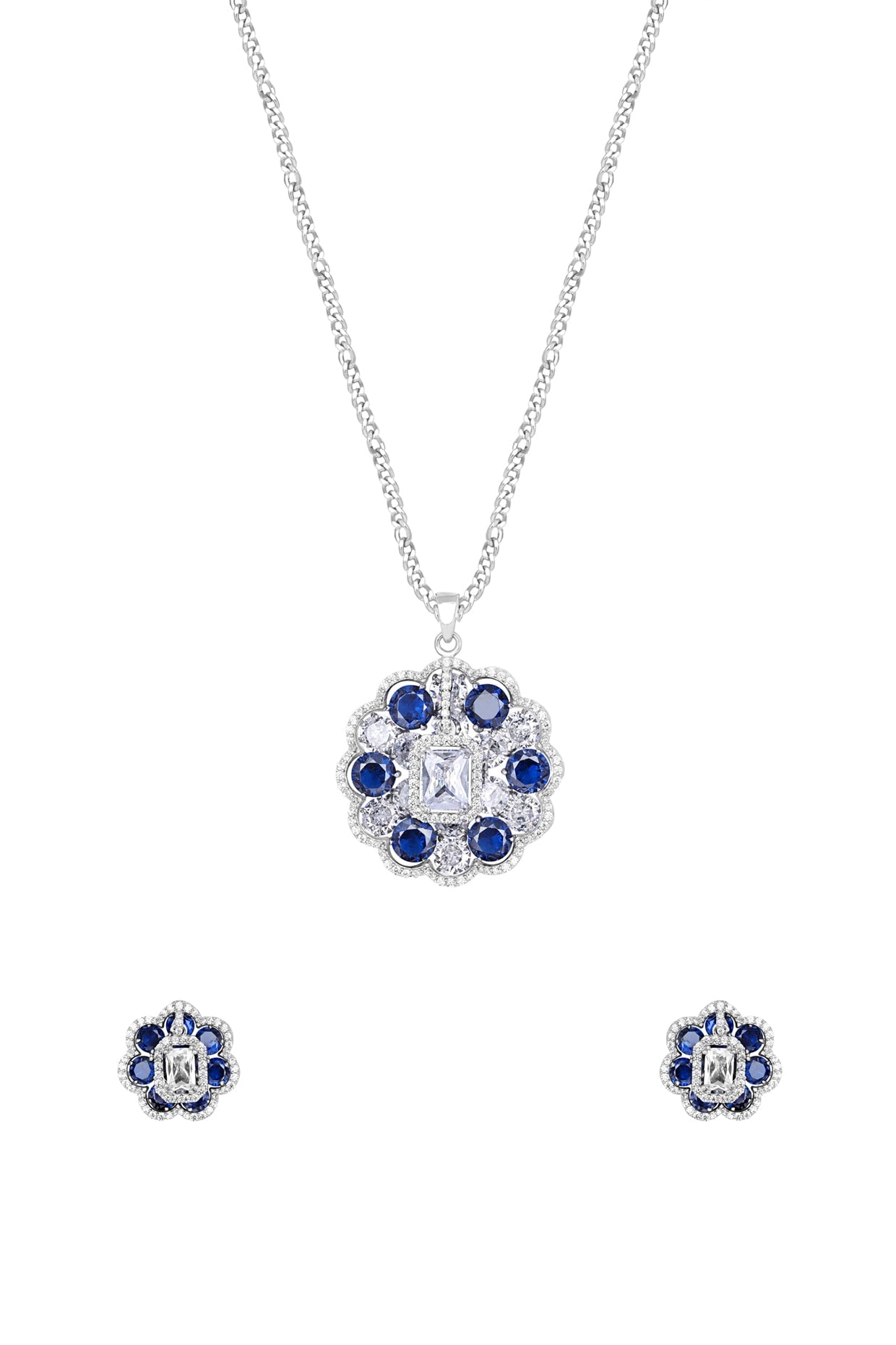 Dark Blue Stone & Zircon Floral Pendant Necklace In Sterling Silver