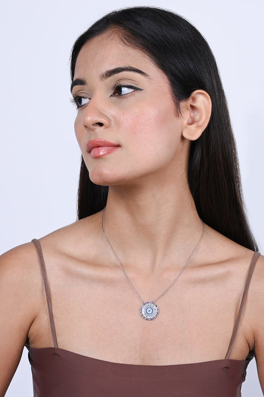 Blue Zircon Round Necklace In Sterling Silver