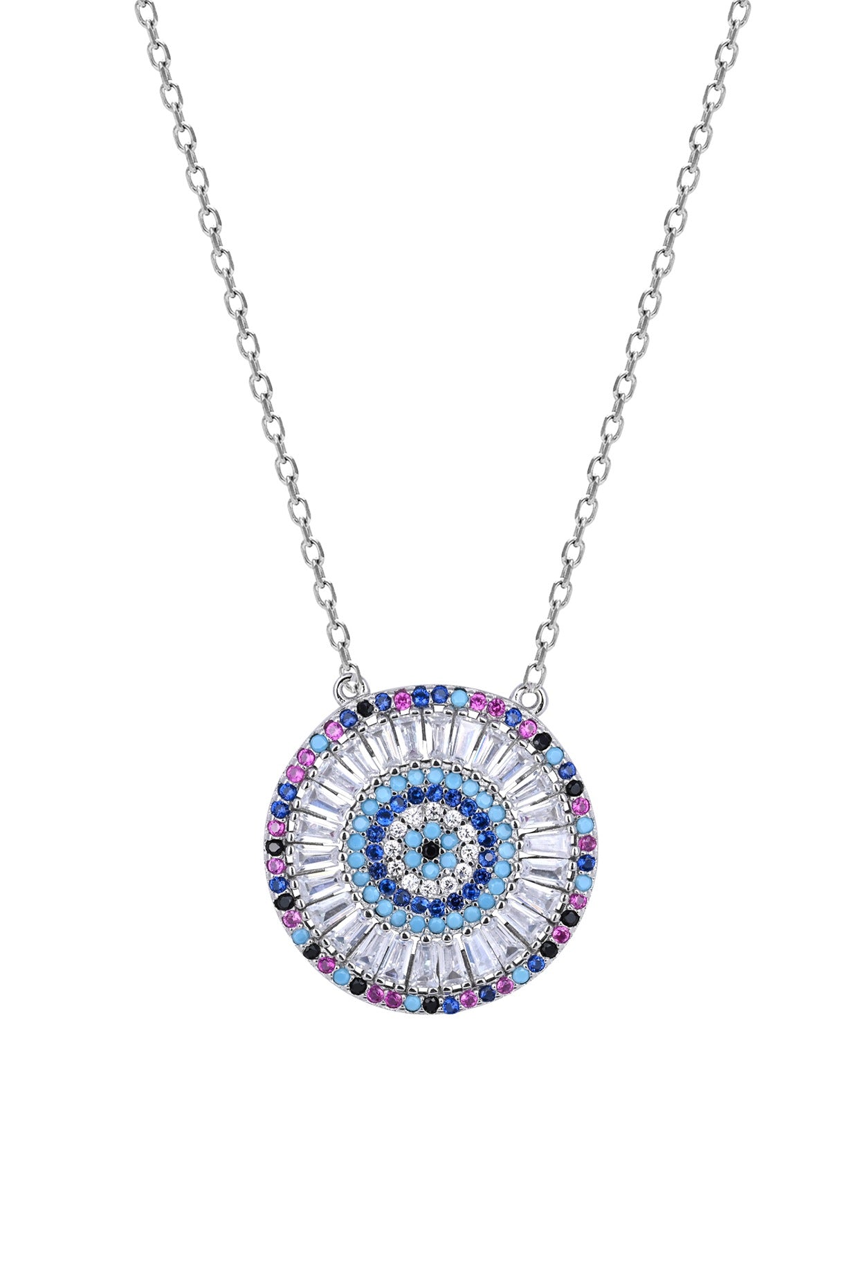 Blue Zircon Round Necklace In Sterling Silver