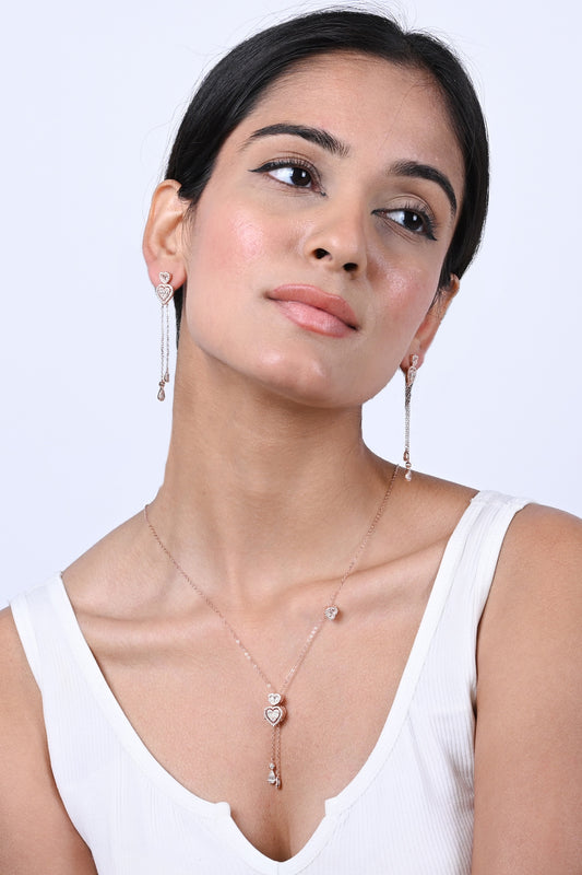 White Zircon Heart String Necklace Set In Sterling Silver