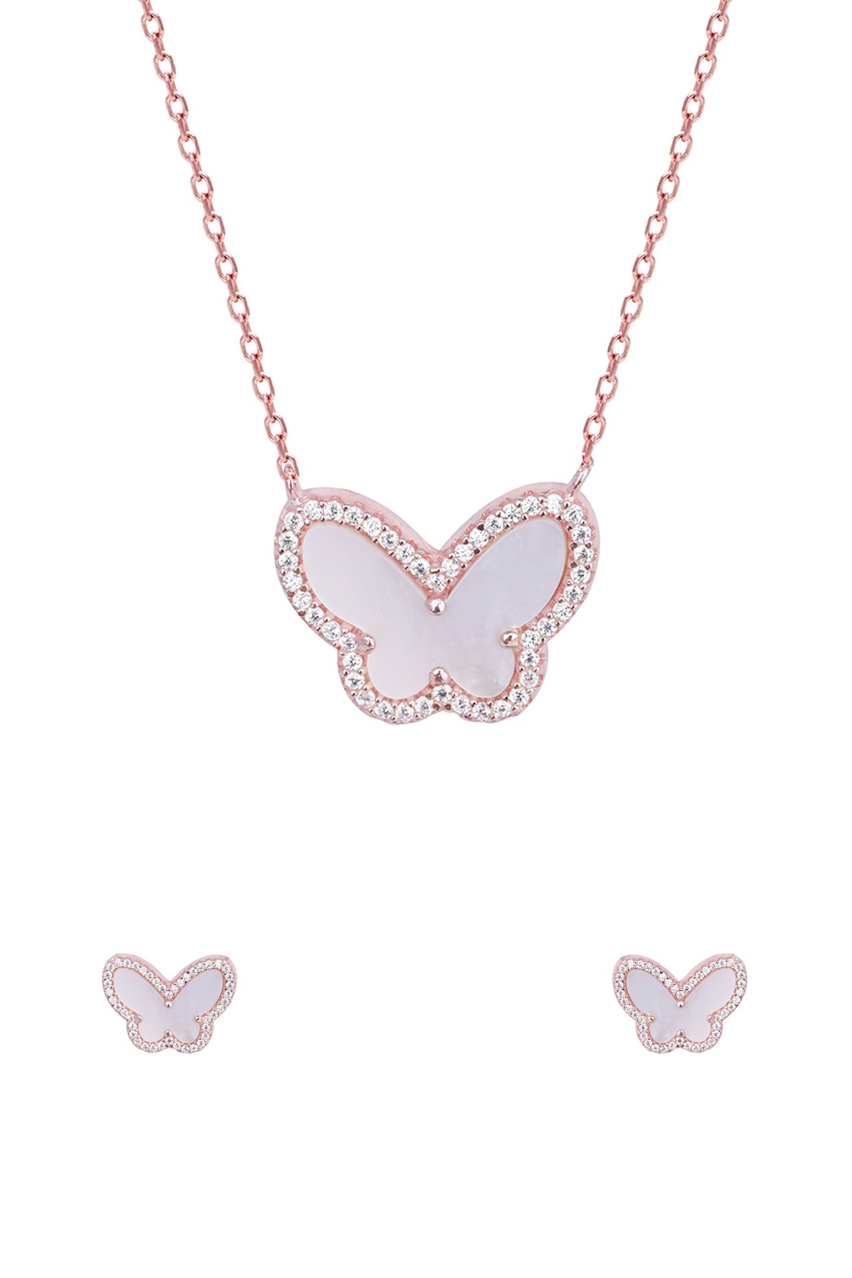 Rose Gold Zircon Butterfly Necklace Set In Sterling Silver